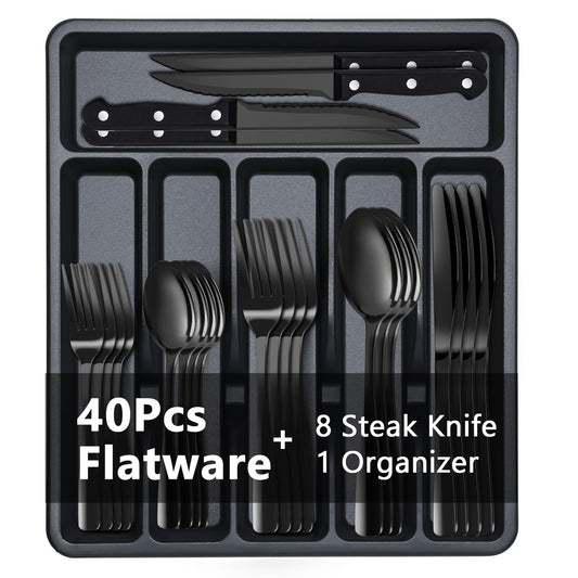 BEWOS 49-Piece Black Silverware Set with Organizer - Stainless Steel Silverware Set for 8 with Steak Knives and Drawer Organizer, Mirror Polished Flatware Set for Home and Restaurant, Dishwasher Safe