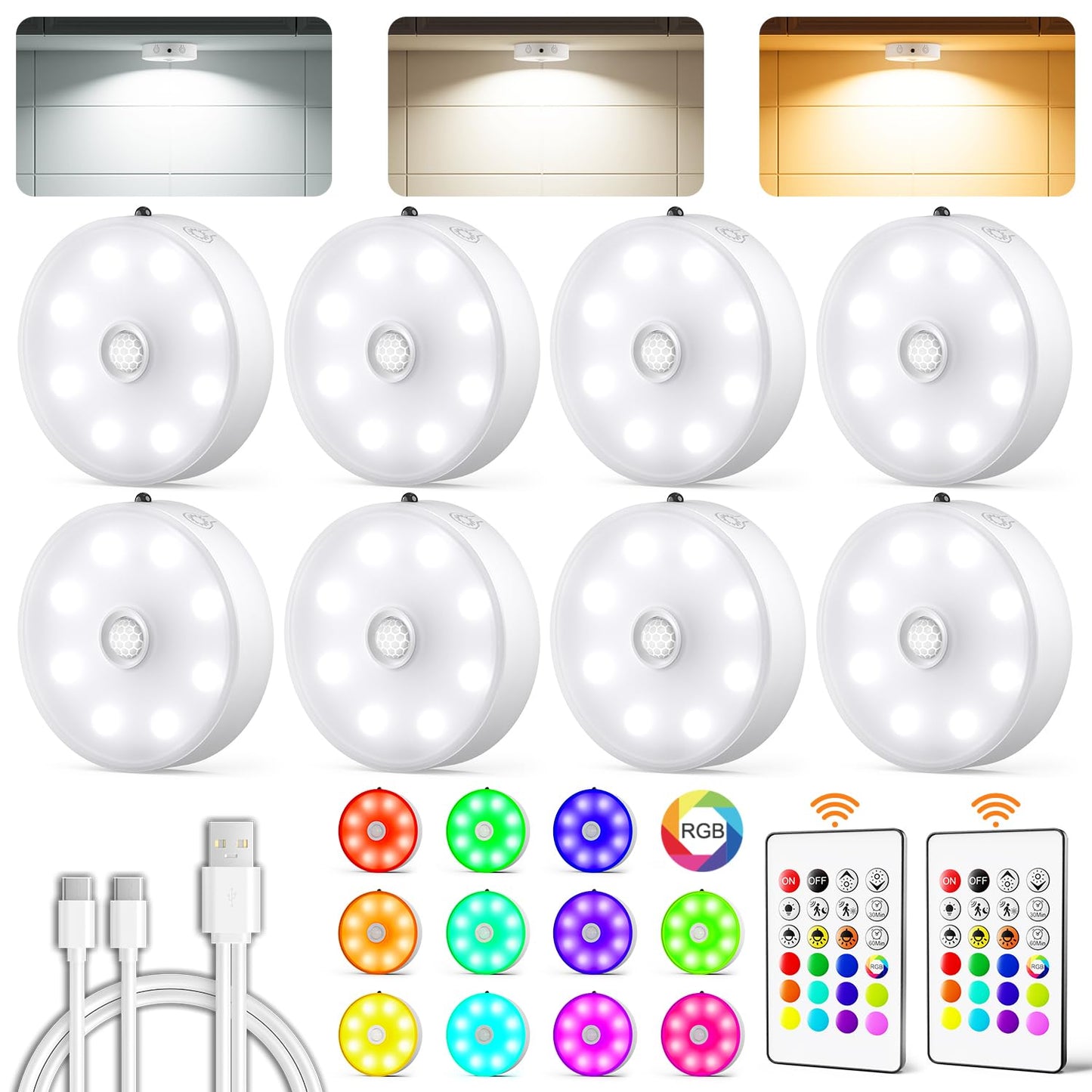 Under Cabinet Lighting,Rechargeable Motion Sensor Puck Lights with Remote 1500mAh Battery,3 Color Temps,12 RGB Color LED Night Light Wireless, Dimmable Under Counter Lights for Closet,Bedroom,Kitchen