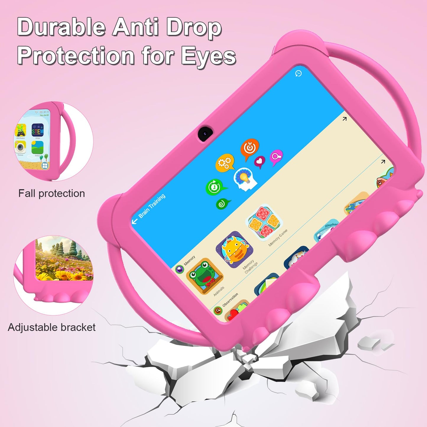 Kids Tablet, 7 inch Android 12 Tablet for Kids, 4GB RAM 32GB ROM 1TB Expand, Toddler Tablet with Parental Control, IPS Screen, Dual Camera, Educational, Games, Shockproof Case for Boys/Girls (Pink)
