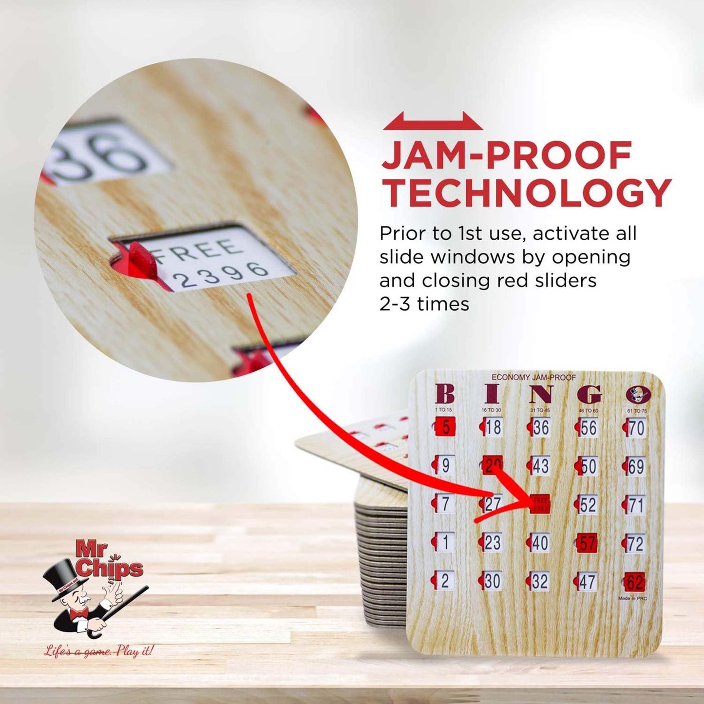 MR CHIPS Jam-Proof Bingo Cards with Sliding Windows, 50 Reusable Shutter Cards, 75 Calling Cards 1 Master Board in Tan Woodgrain Style