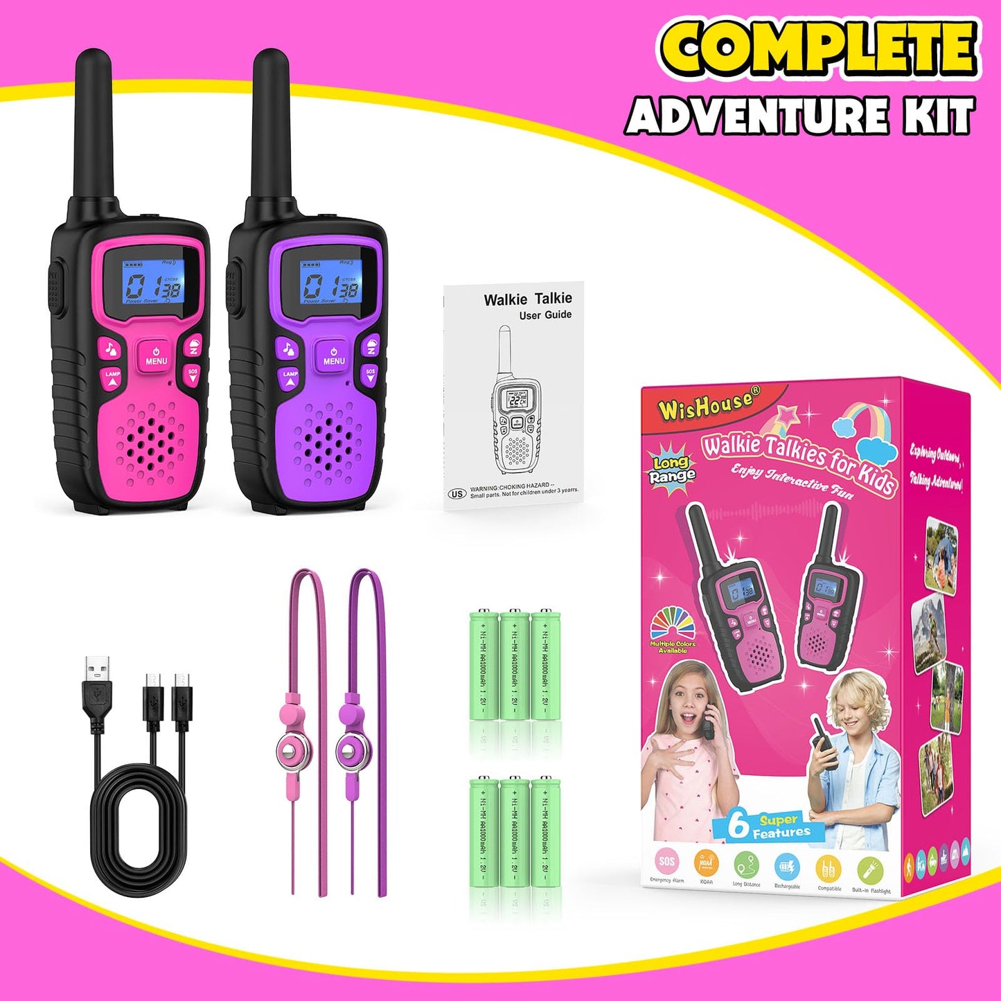 Wishouse Walkie Talkies for Kids Rechargeable Long Range,Xmas Birthday Gift for 4 5 6 7 8 9 Year Old Girls,Hiking Gear Camping Games Cool Toys with NOAA,SOS Siren,Lamp,Lanyards,Easy to Use,2 Pack
