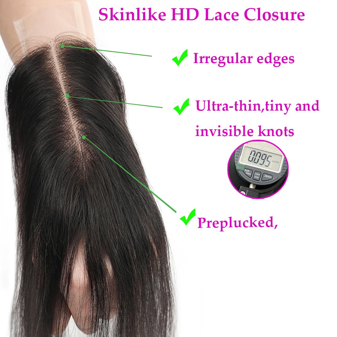 2x6 HD Transparent Skinlike Human Hair Lace Closure Straight 18inch 100% Brazilian 2x6 Closure Virgin Human Hair Kim K Middle Part Closure Closure Straight Natural Black Glueless Pre Plucked Bleached