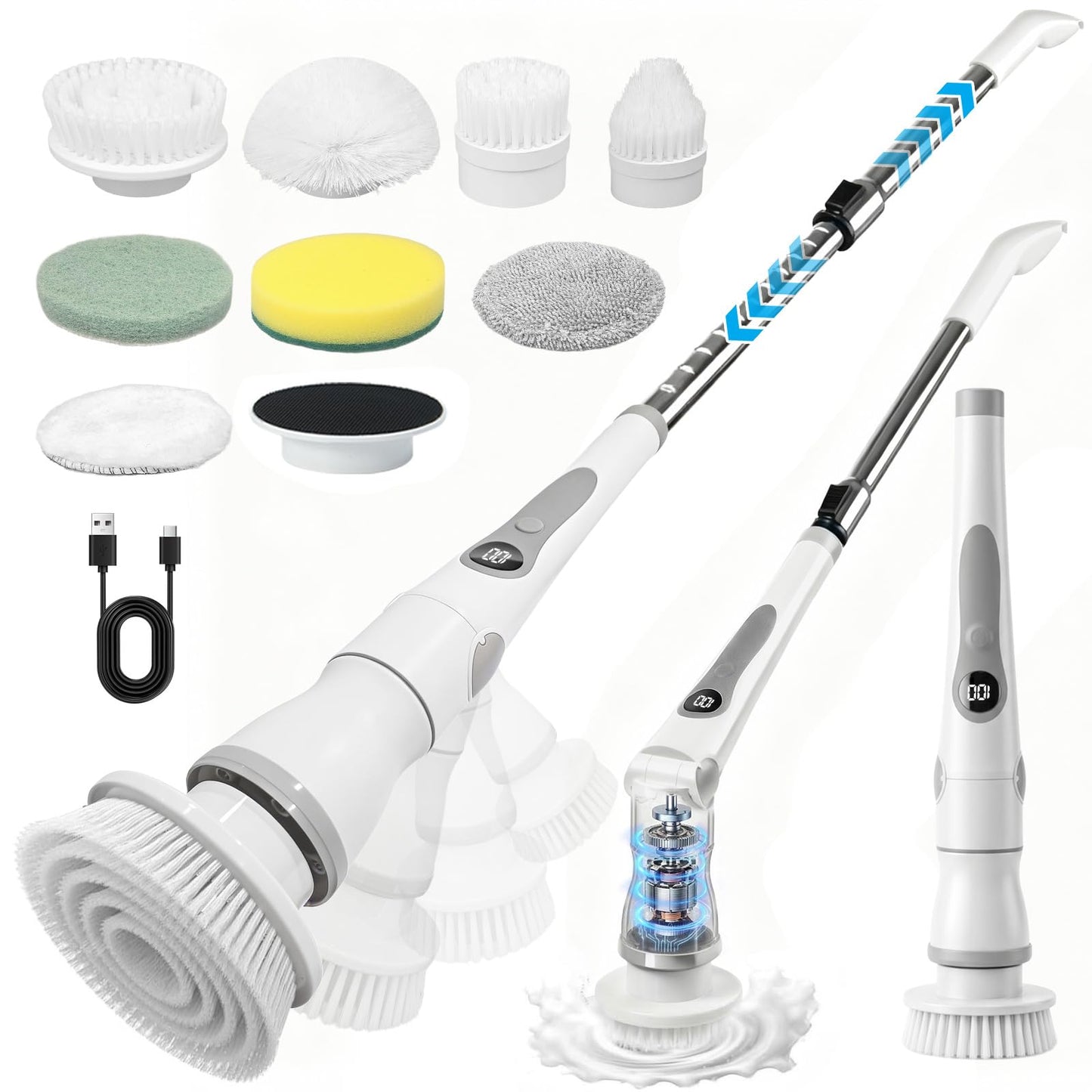 Cordless Electric Spin Scrubber, 4 Angles, Adjustable Handle 3 Speeds with LED Display-90Mins Runtime, IPX7 Waterproof Scrubber Cleaner Brush for Bathtub Bathroom (8 Brush Heads) (8 Brush Heads)