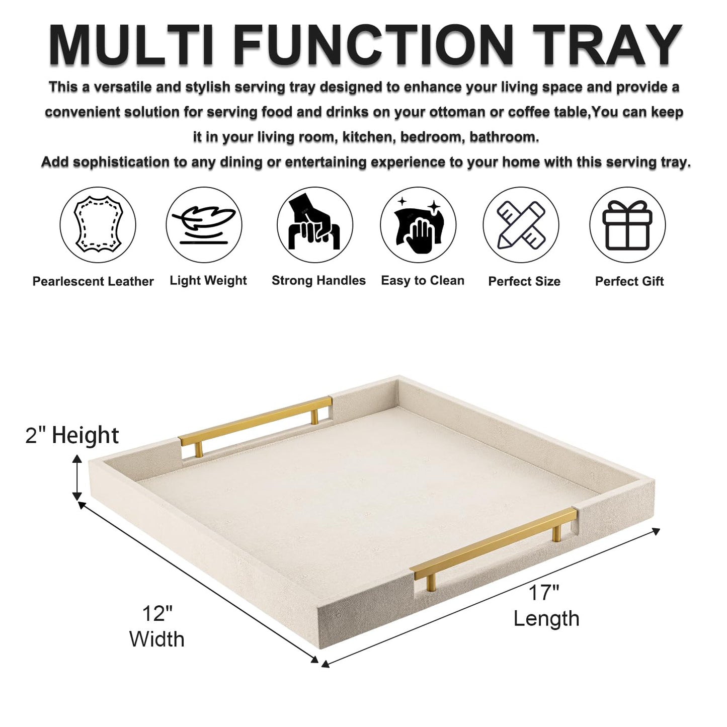 Beige Faux Leather Serving Tray with Handles – Large Decorative Tray for Coffee Table, Ottoman, Living Room, Bathroom – Home Decor