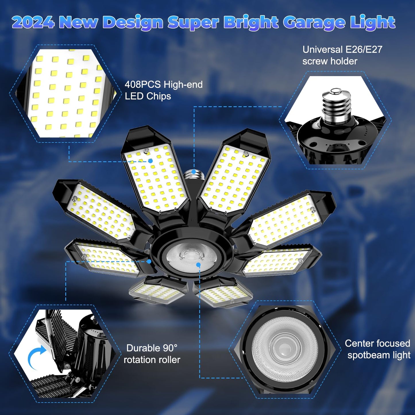POLARPRA Garage Lights - Super Bright 250W LED Garage Ceiling Light w/ 8 Deformable Panels 6500K Led Light Bulb Srew in E26/E27 Socket with Adjustable Center Spotlight for Barn Workshop Attic - 4Pack