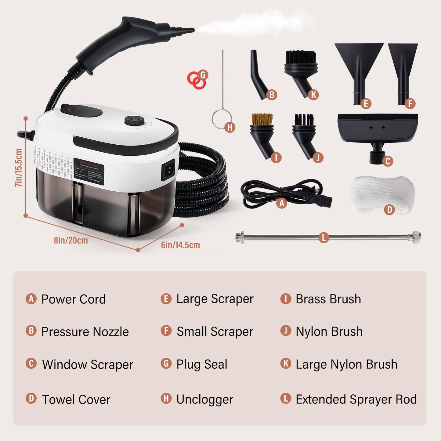 Lamberia Steam Cleaner with 12pcs Accessories, 2500W 1400ml 1.5 Quarts Tank, 3-Level Adjustable Portable Handheld Pressurized Steamer, 15s Heat-Up Steam Cleaner for Home, Car, Kitchen(White, US Plug)