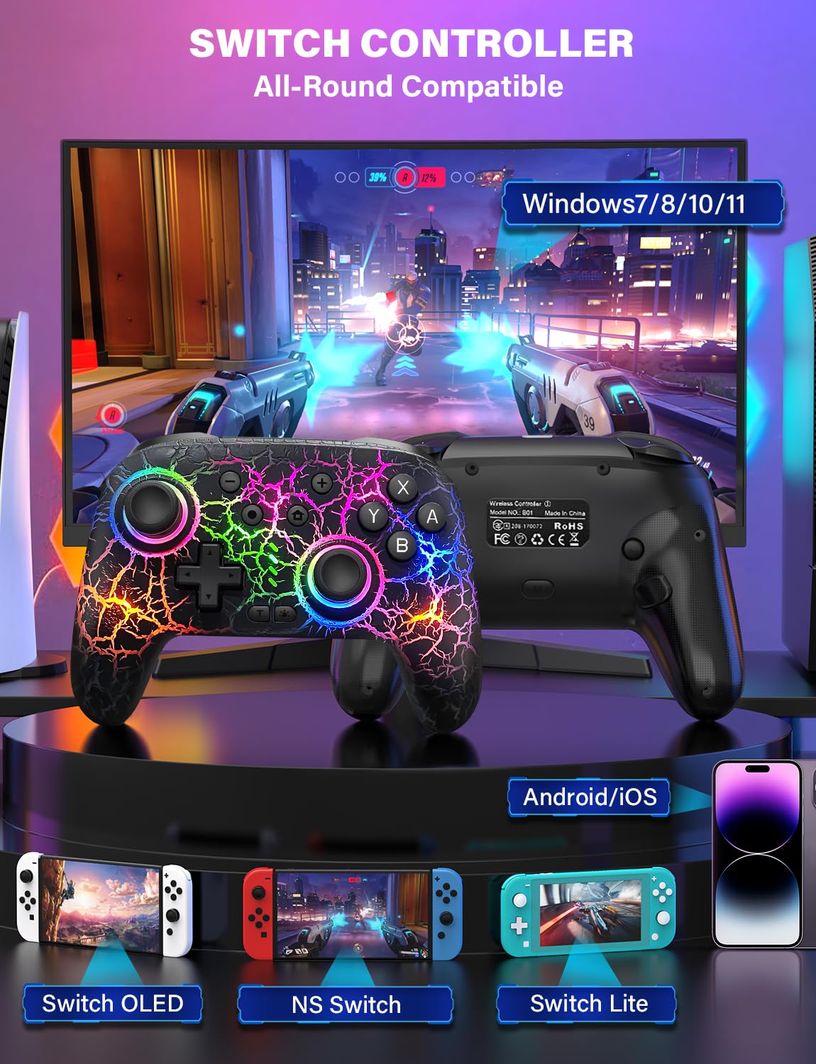 ZRZLMVP Switch Pro Controller Wireless Control - Compatible with Nitendo Switch/OLED/Lite, 1000mAh Rechargeable Switch Controllers with 9 Colors LED, Wake Up, Turbo, Vibration
