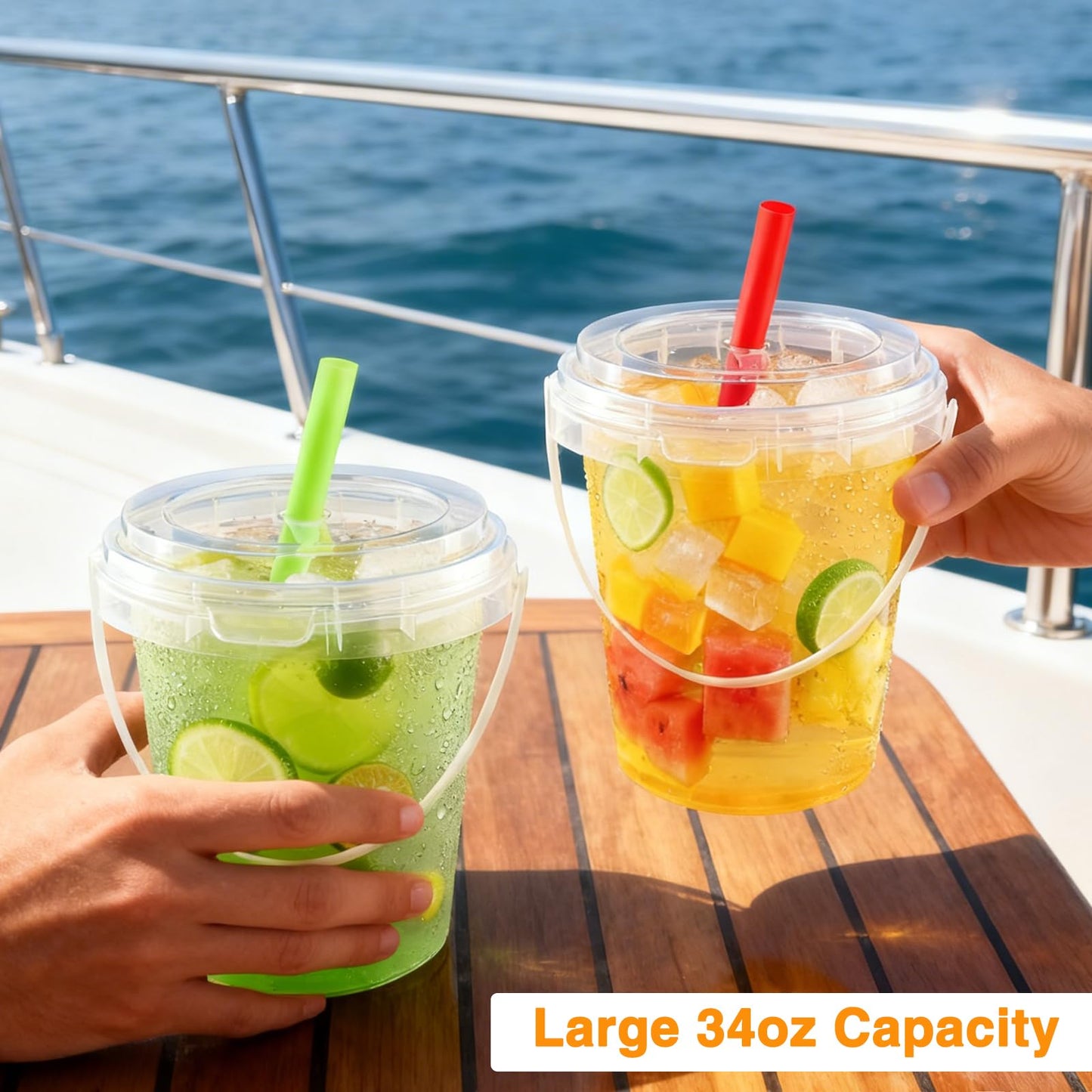 Qsqwsuye 30Sets Disposable Cups With Lids and straws 34oz Drink Buckets with Handles for Outdoor HolidayTravel Wedding Birthday Party Supplies