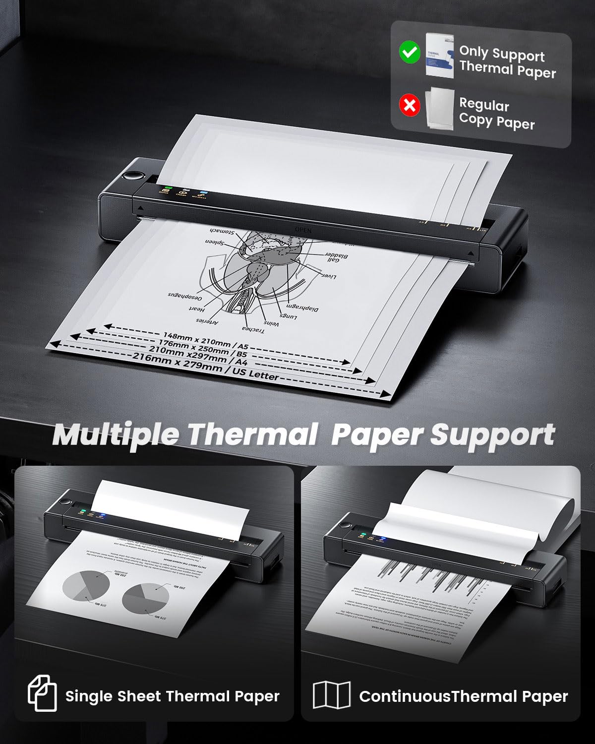 TATTMUSE Portable Printers Wireless for Travel, Inkless Printer Thermal Small Bluetooth Mobile for Home Use, Support 8.5" X 11" US Letter & A4 Size Thermal Paper