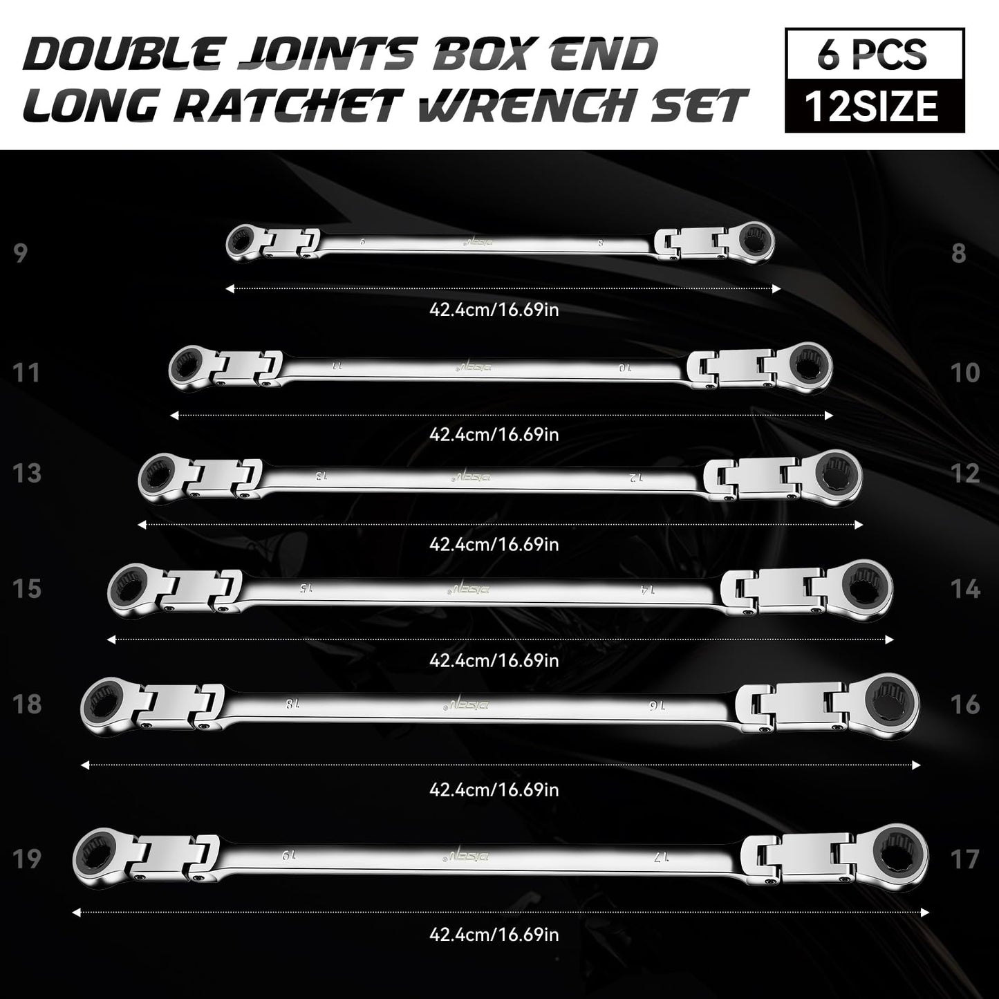 DISEN Double Jointed Extra Long Flex Head Ratchet Wrench Set, 6 PCS Metric 8-19mm Box End Ratcheting Wrench with a Magnetic Pickup Tool Kit, 72-Teeth, Cr-V Steel,12 Point Combination Wrench set