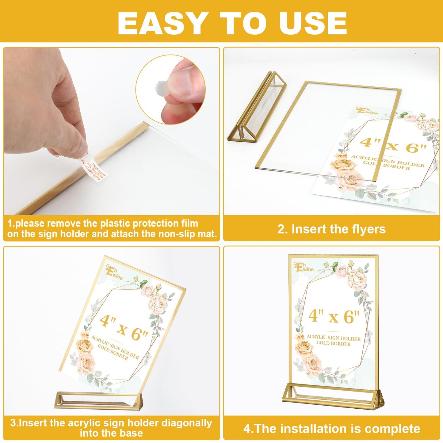 EHWINE 24 Pack Acrylic Sign Holder 5 x 7, Double Sided Gold Picture Frame Stand up Table Top Sign Holders, Clear Display Stand Menu Flyer Holder for Wedding Party