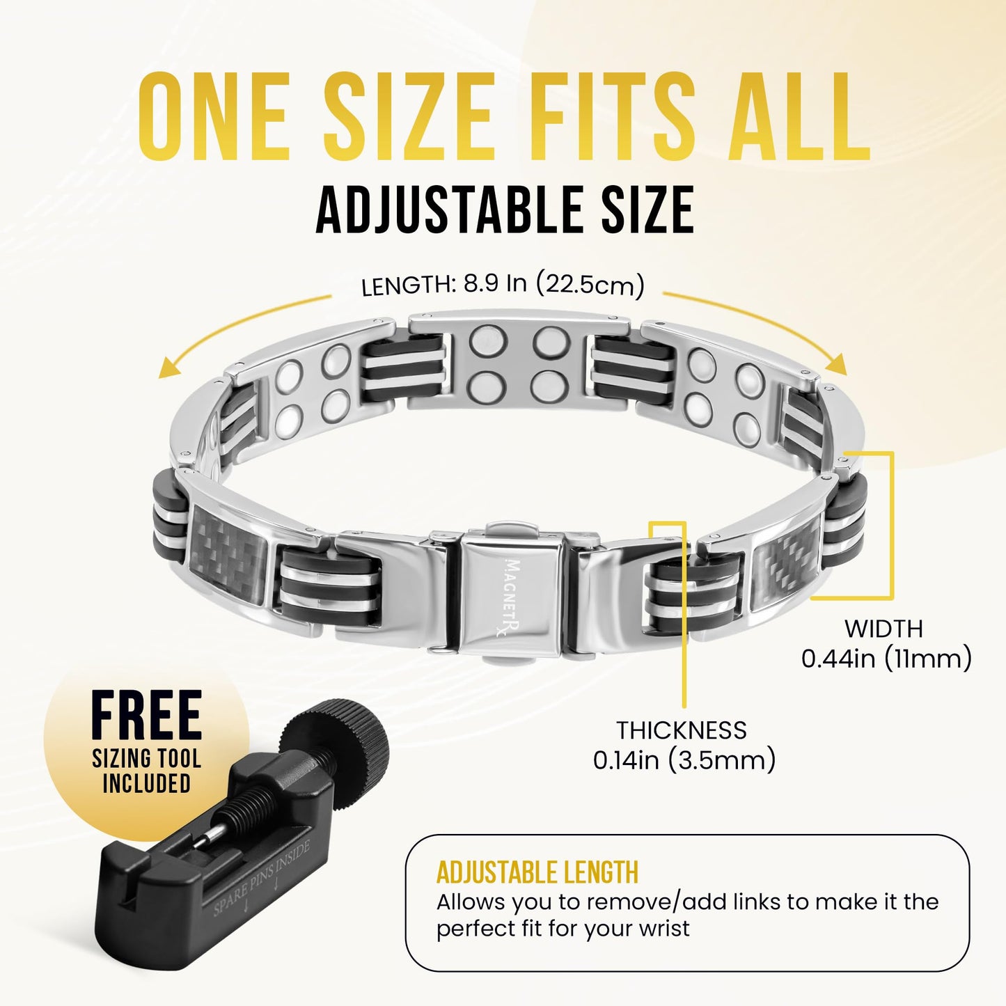 MagnetRX® Magnetic Bracelets for Men – Effective Mens Magnetic Bracelet with Carbon Fiber Inlay – Premium Titanium Bracelet for Men – Adjustable with Sizing Tool (Silver)