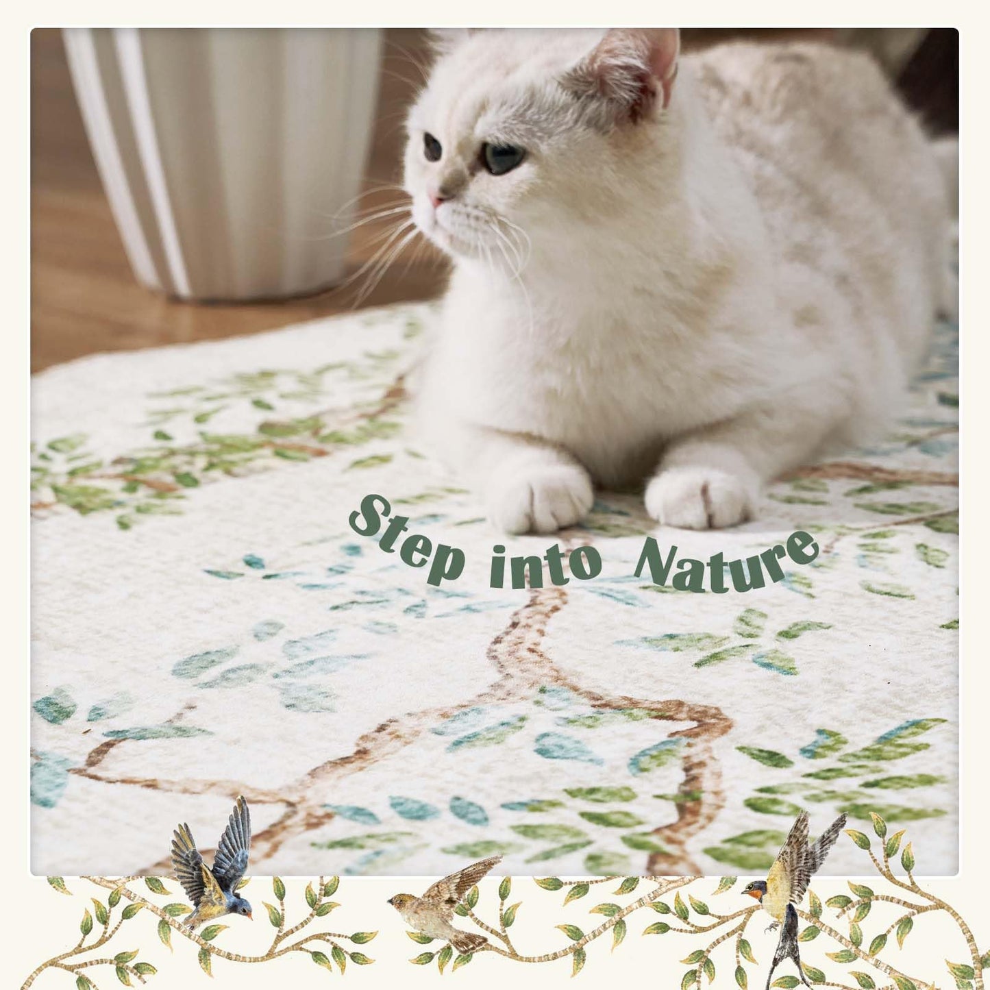 jinchan Yarden Round Rugs 5ft Ivory Botanical Birds Print Machine Washable 5' Circle Nature Plants Modern Soft Non Slip Throw Area Rugs Ultra Thin Low Pile Carpet for Entryway Bedroom Kids Room