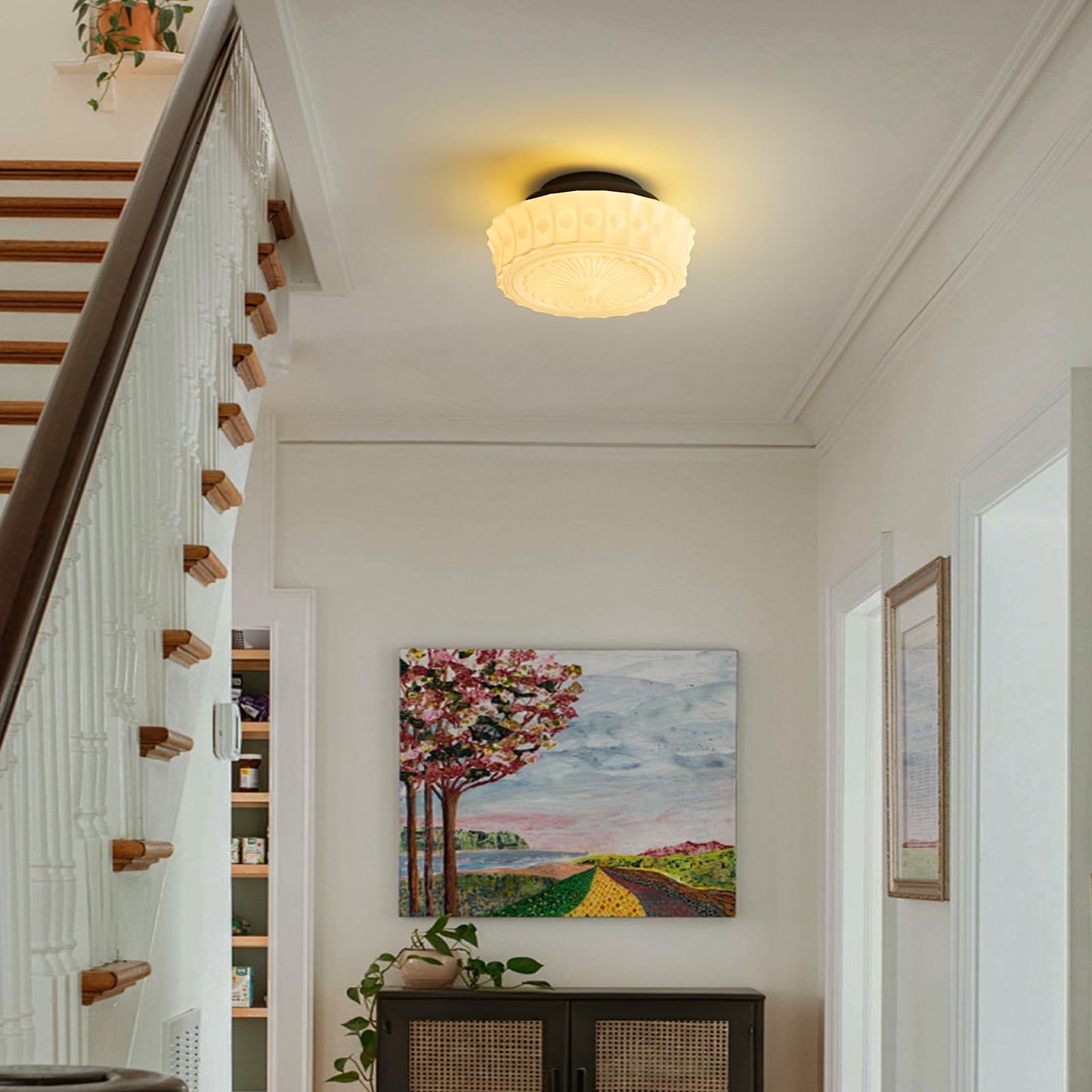 Schoolhouse Vintage Glass Ceiling Light - Small 12 Inch Cream Yellow Mid Century Modern Flush Mount Lighting Fixtures - Art Deco Lamp for Bedroom Kitchen Entryway Laundry Hallway Foyer Bathroom Hall