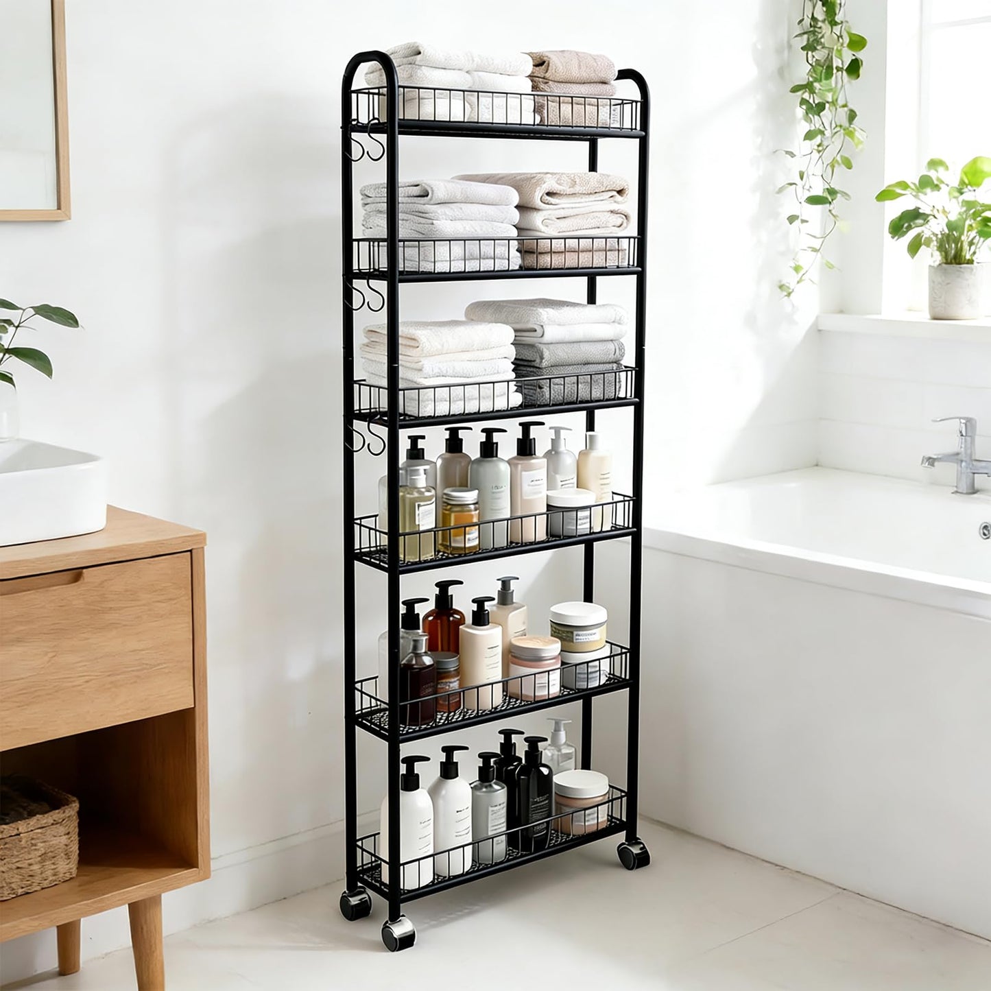 Seadasyoon 6in 6 Tier Slim Storage Cart with Wheels, Narrow Space Rolling Shelving Unit, Metal Wire Mobile Organizer Rack for Kitchen Bathroom Office Laundry