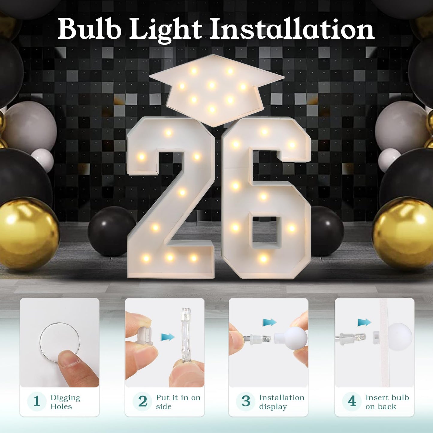 2026 Graduation Party Decorations - 2.3FT Pre-Cut 26 Marquee Numbers Sign with Light - Mosaic Foam Board Includes Glue Gun Balloons for Kindergarten Preschool College Prom