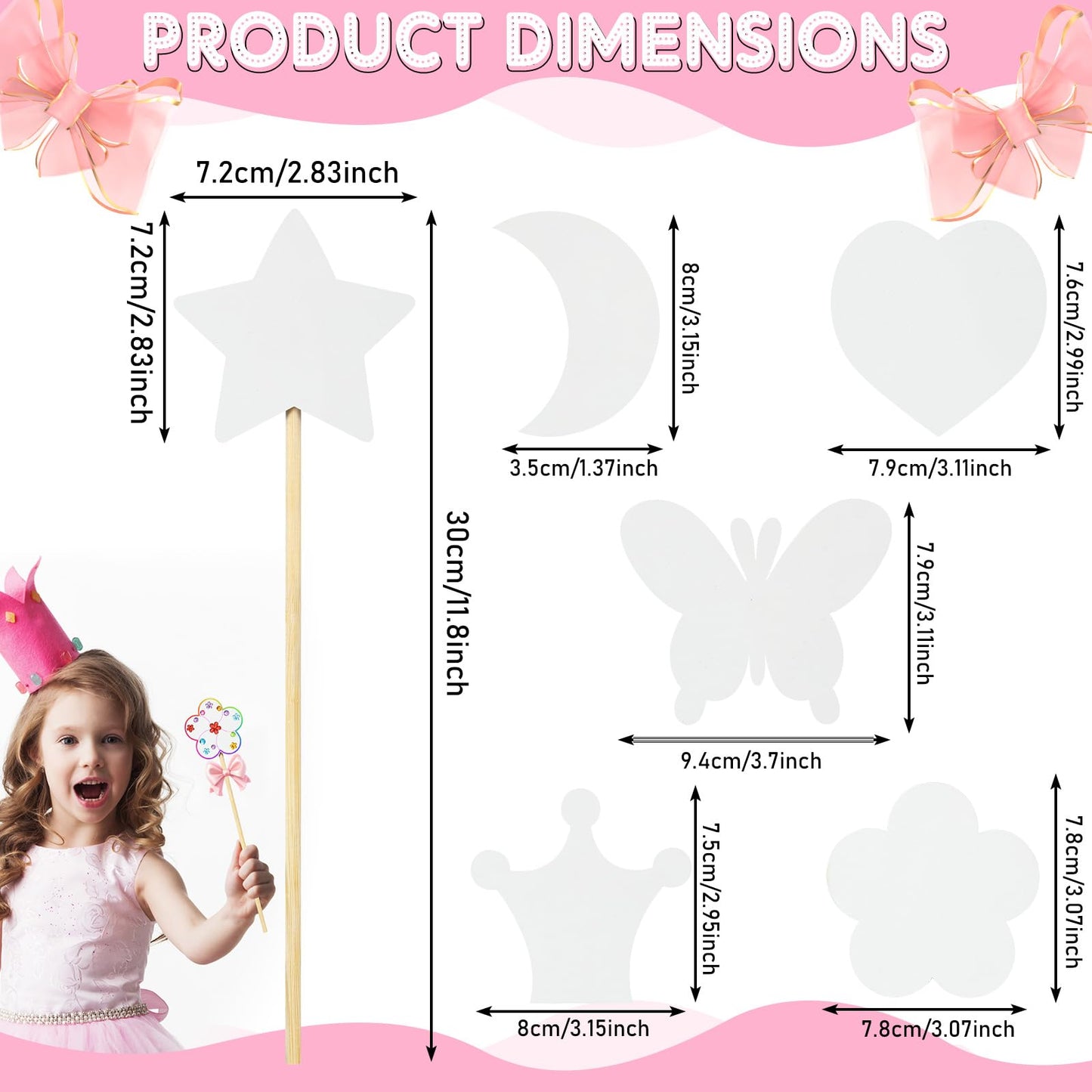 Cindeer 42 Pcs Princess Fairy Wands Kit, 36 Pcs Wooden Unfinished DIY Princess Wand with 6 Sheet Colorful Diamond Sticker for Girls Make Your Own Wand, Cosplay Costume Party Favor (White)