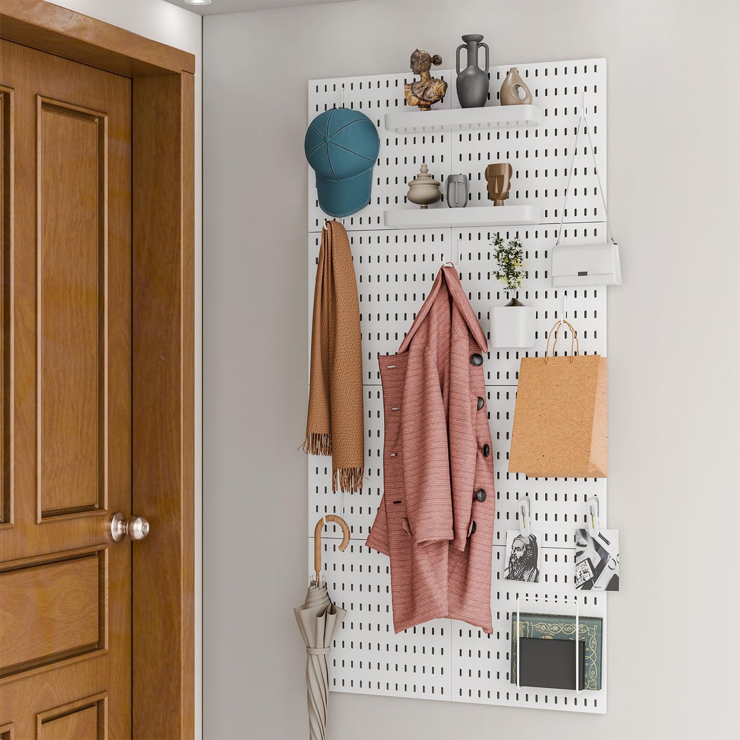 RIVTUN Pegboard Combination Kit for Wall Organizer, Wall Mounted Peg Board Kits for Kitchen, Bedroom, Office, &Bathroom, 4 Pieces White Pegboards and 14 Accessories, 22" x 22"