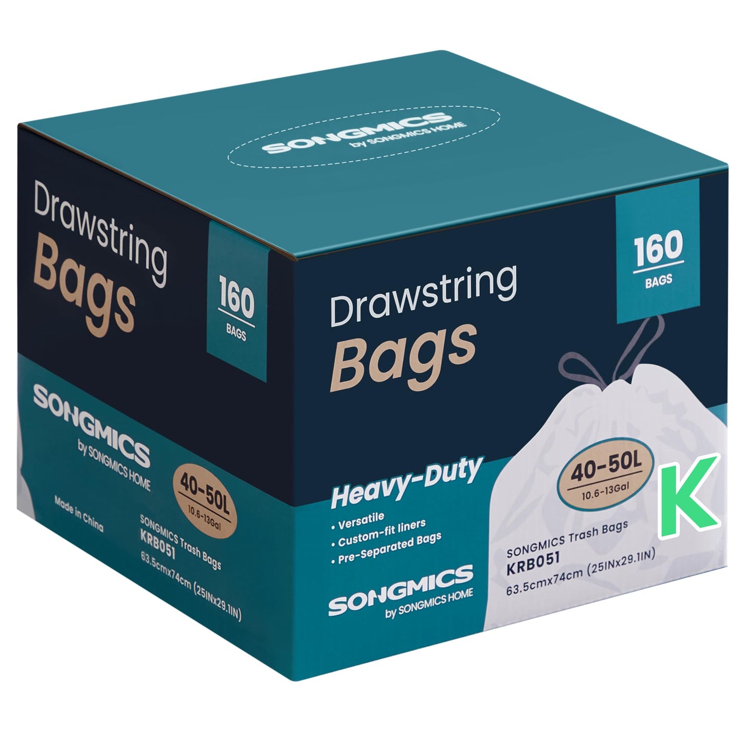 SONGMICS Trash Bags, Drawstring Kitchen Garbage Bags, Pre-Separated, Quick-Dispense Box, for 13-Gallon (50 L) Trash Cans, Liner Code K, 4 Rolls, 160 Count, White UKRB051A04
