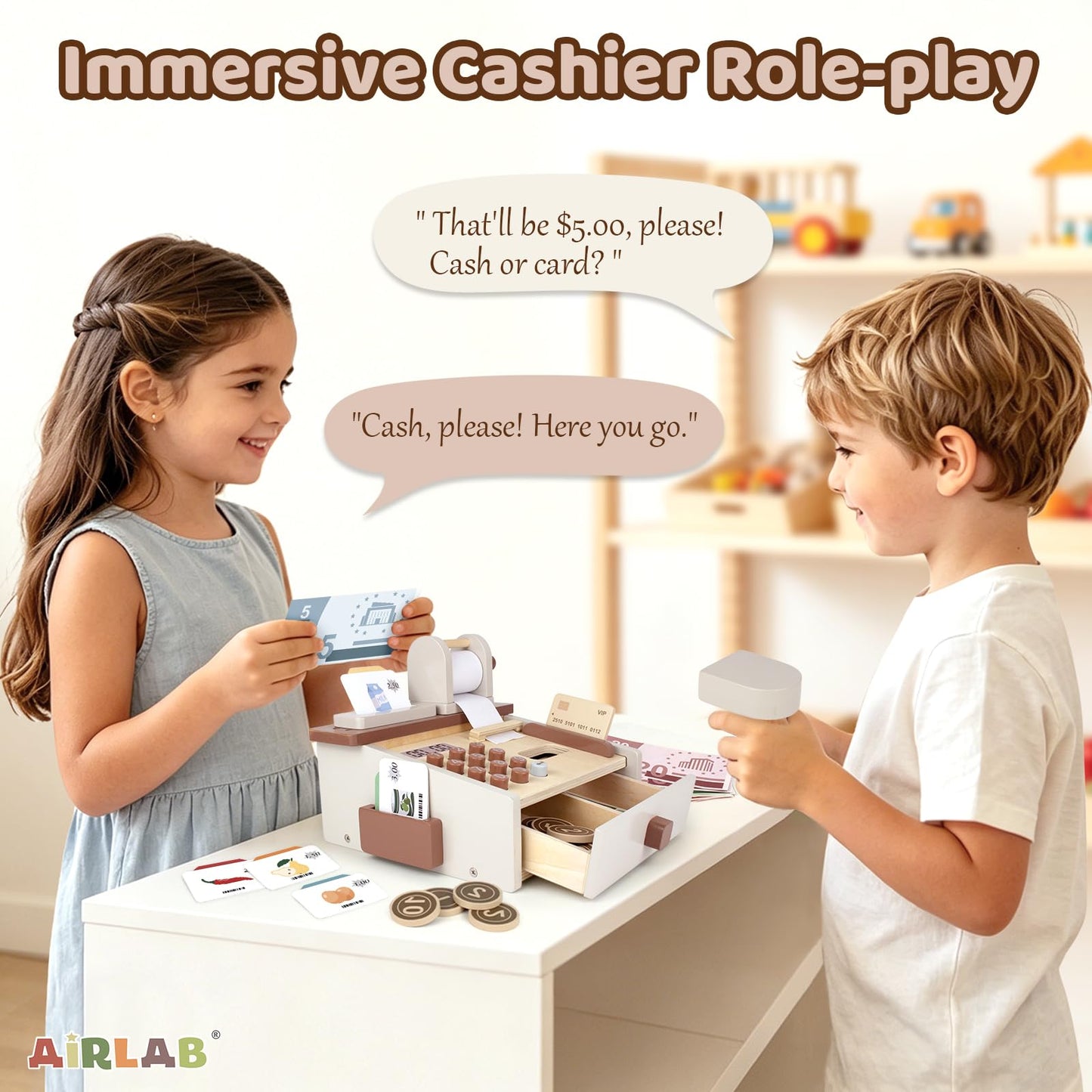 Cash Register Toy for Kids Play Money Birthday Gift for Toddler 3 4 5 Year Old Girls Boys with Scanner Pretend Play Toddler Toys Store Educational Preschool Toys with Wooden Coins Prop Money