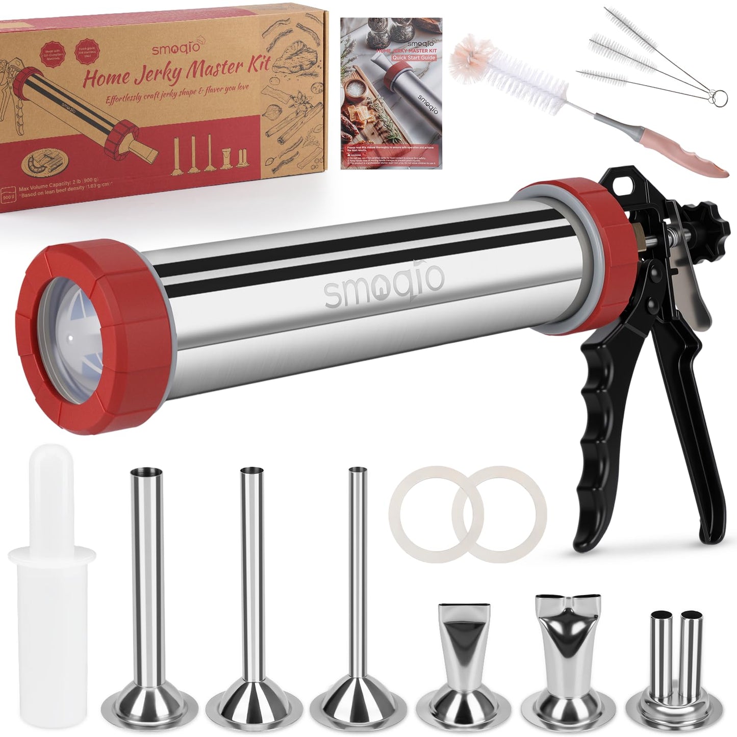 SMOQIO 2LB Jerky Gun Kits, 304 Stainless Steel Beef Stick Gun, Beef Jerky Shooter Cannon with 6 Versatile Nozzles, Suitable for 19mm Snack Stick, with 4 Cleaning Brushes and 1 Meat Pusher