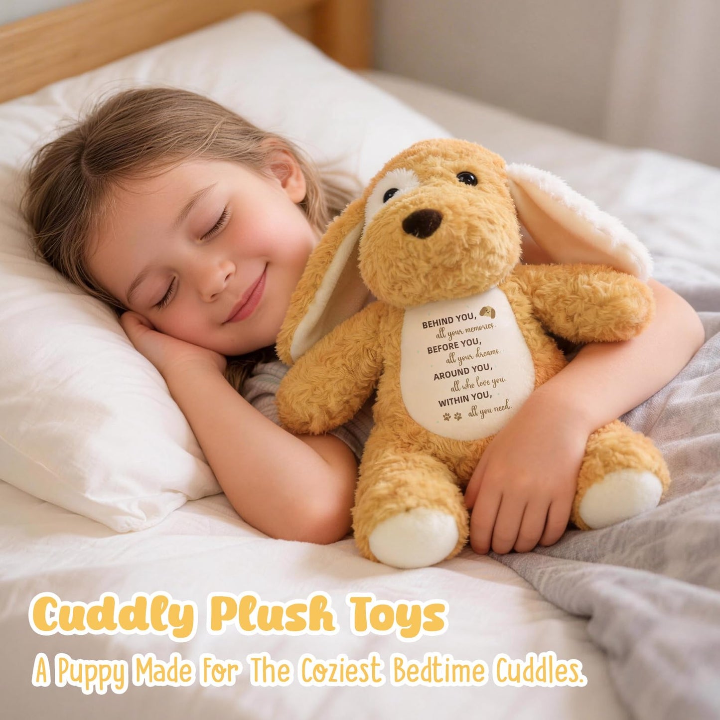 WoollyPearl Soft Puppy Dog Stuffed Animal with Positive Affirmation Message, Inspirational Farewell Graduation Birthday Gifts for Kids Daughter Son Friends, Thoughtful Leaving Goodbye Retirement Gift