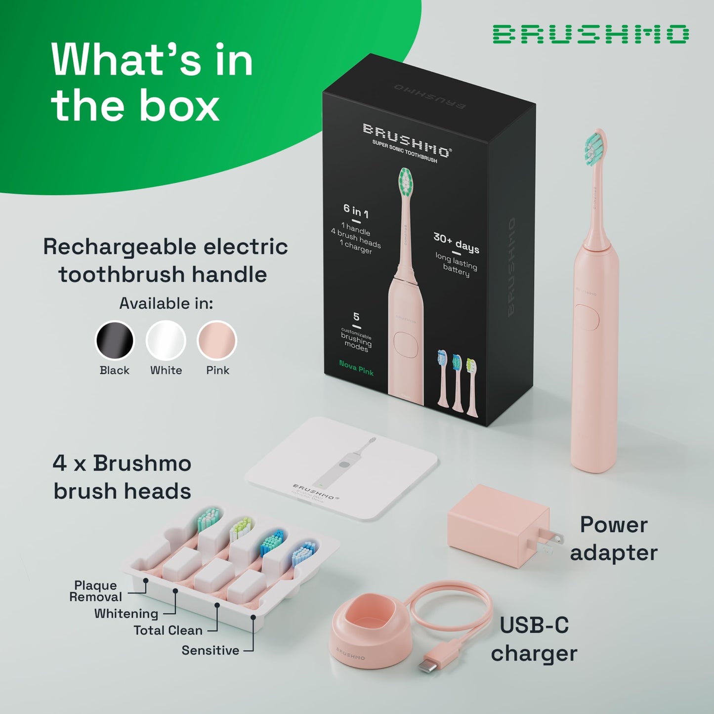 Brushmo Super Sonic Electric Toothbrush with 4 Replacement Heads - Rechargeable Electronic Tooth Brush for Adults with 5 Customizable Modes - IPX7 Waterproof & Long-Lasting Battery – Nova Pink