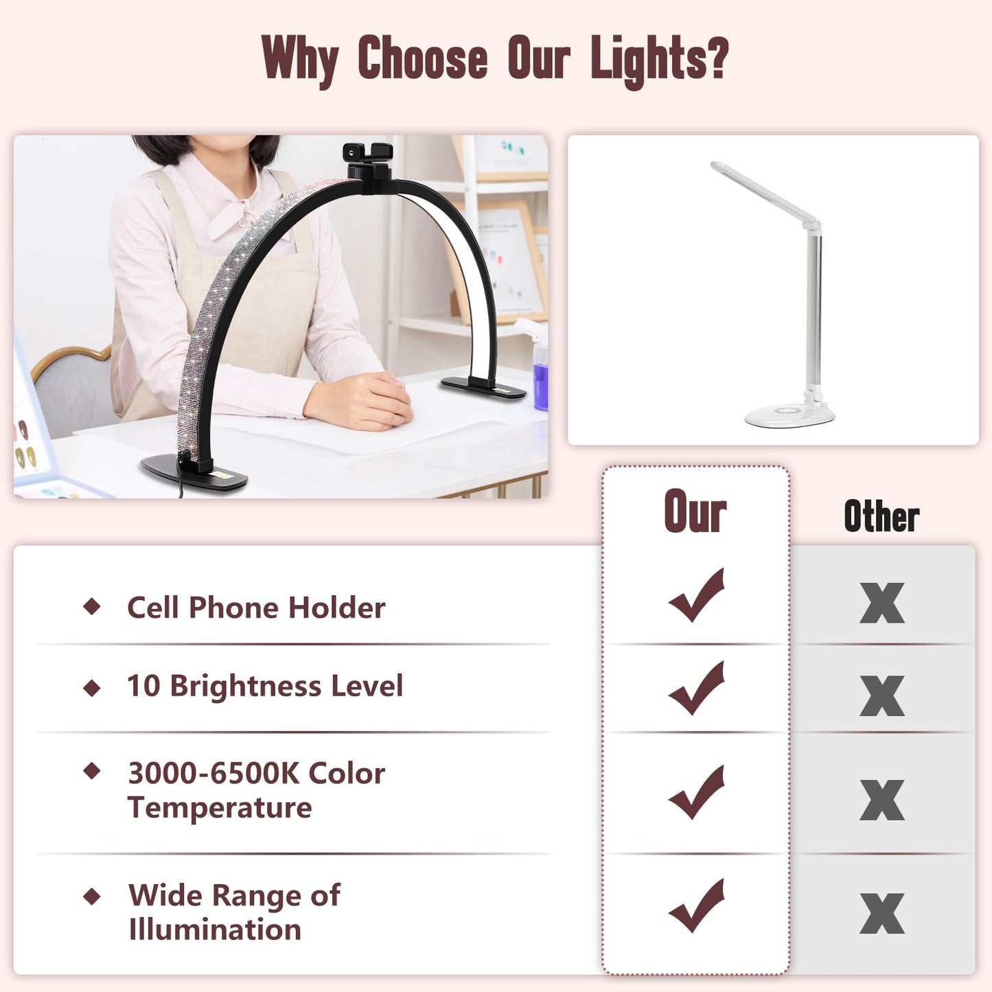 Half Moon Light for Nail Desk with Phone Holder, 28IN Folding Half-moon Lamp with Shinning Diamond, LED Light for Manicure, Eyelash Extension, Tattooing, Skin Management, Color Temperature 3000-6500K