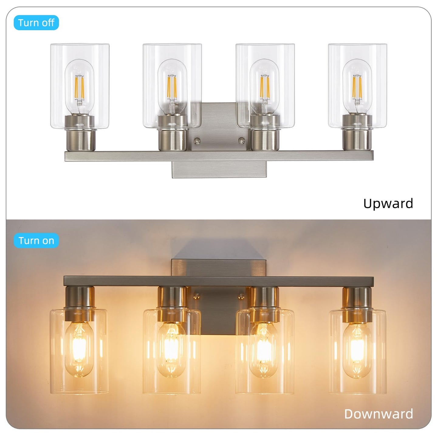 DIDUIO 4 Light Bathroom Vanity Light Brushed Nickel Vanity Lights for Bathroom Modern 4-Lights Wall Sconce with Clear Glass Shade for Bedroom Living Room