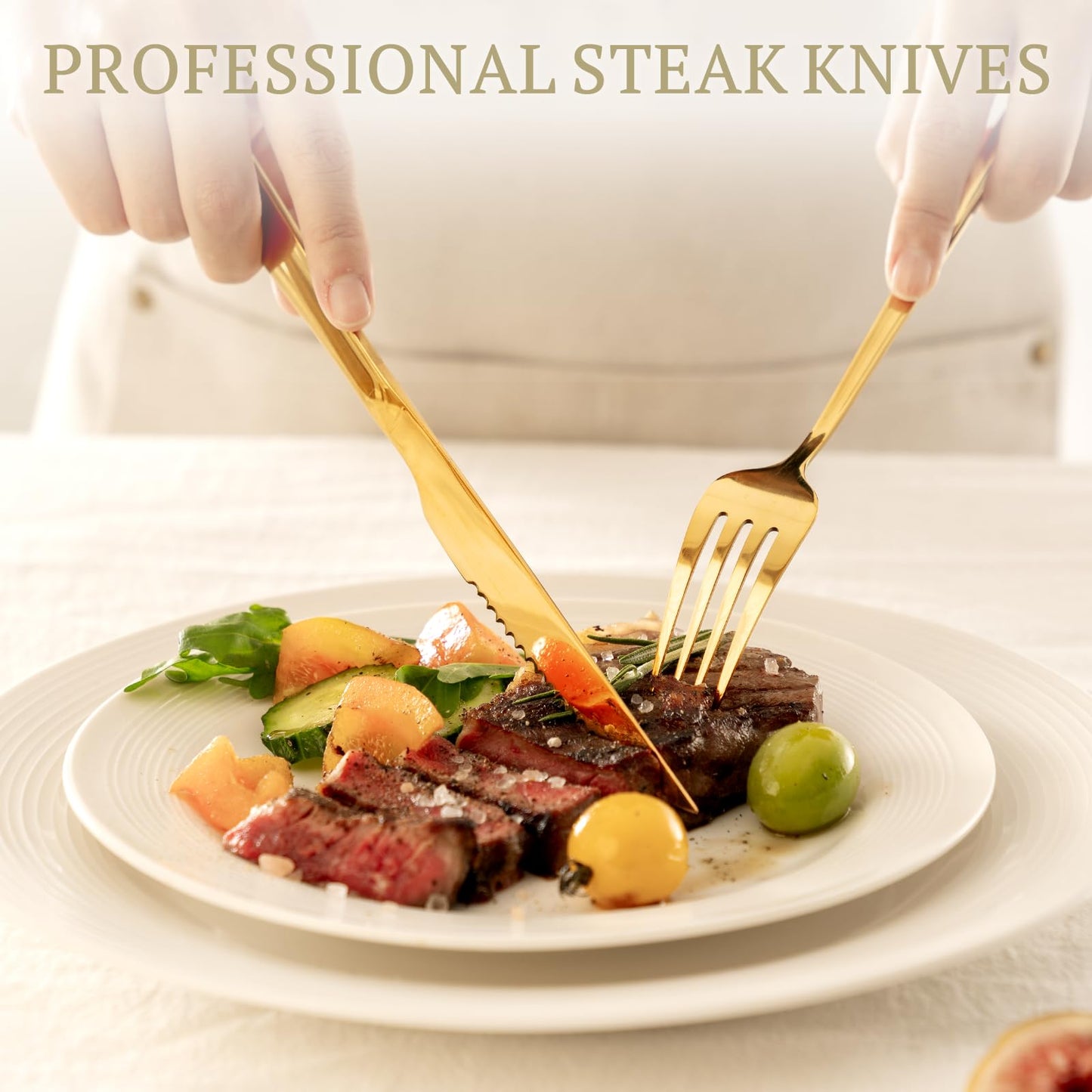Astercook Silverware Set 48-Piece Gold Flatware Set with Steak Knives Food-Grade Stainless Steel Cutlery Set for 8 Mirror Polished Utensils Set for Home Kitchen Restaurant