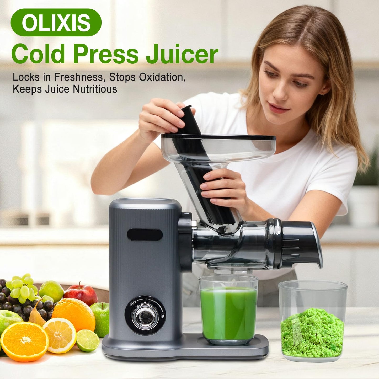 OLIXIS Cold Press Juicer, Slow Masticating Juicer Machines with Extra Wide Feed Chute, High Juice Yield and Easy to Clean for Whole Vegetables & Fruits, Silver