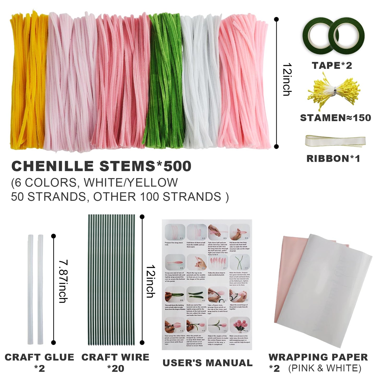 500PCS Pipe Cleaner Flower Kit,Bulk Pipe Cleaners Craft,Chenille Stems with Wrapping Paper for Valentine's Day Mother's Day Graduation Birthday