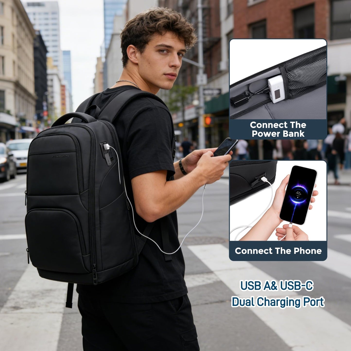 FENRUIEN Expanded Laptop Backpack for Men, TSA-Friendly Travel Backpack with USB Charging Port, Anti-Theft Business Work Pack, Water-Resistant Fits 15.6”Laptop for Weekender