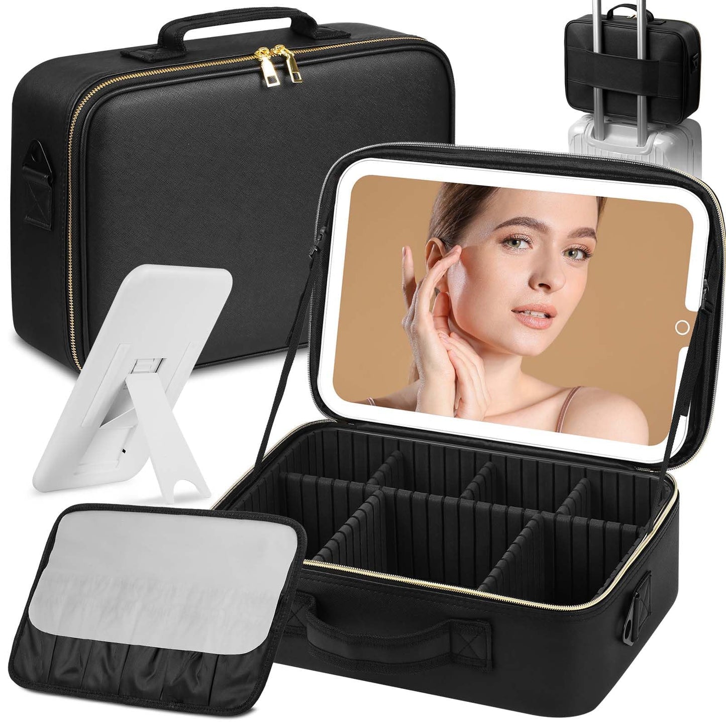 saiggnyy Large Travel Makeup Bag with LED Mirror, 3-Color Stepless Dimming Stand Mirror Detachable, with Adjustable Divider, Makeup Brush Holder Storage (Black)