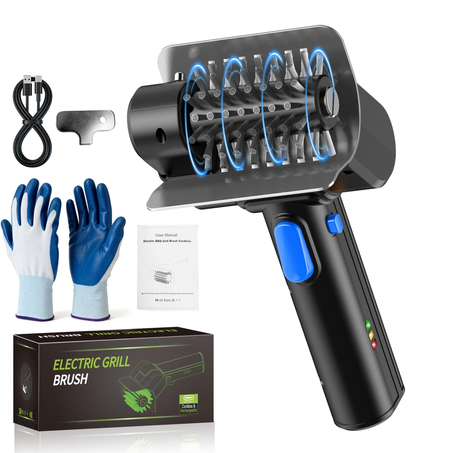 YEBLEM Electric Grill Brush with Dual Safety Lock - Ideal Gift for Men Dad Husband, Professional BBQ Cleaner with Submersible 304 SS Head, Splash-Proof Scrubber for Outdoor Grill (Blue Button)