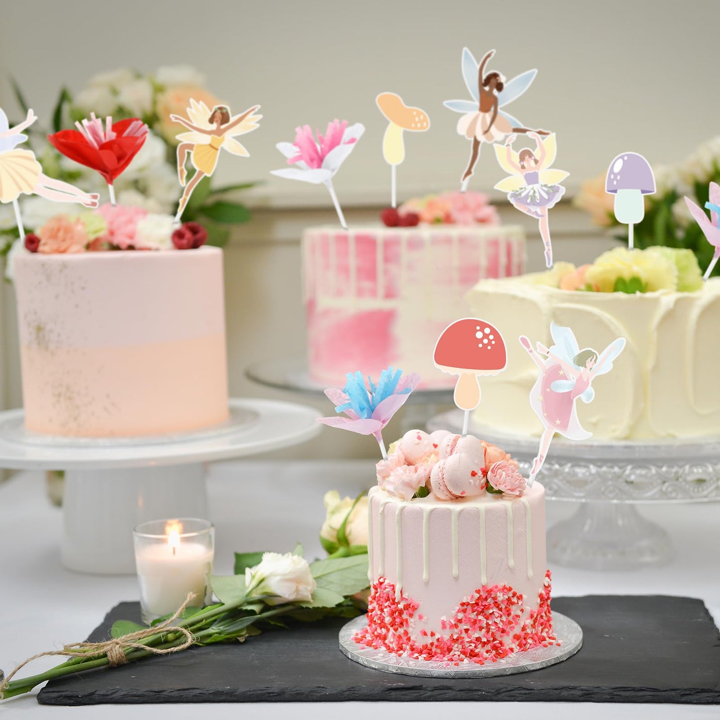 Honeydak 132 Pcs Fairy Party Supplies Decorations Include Fairy Disposable Floral Paper Plates Napkins Teacups Garland Banner Cake Topper and Honeycomb Mushroom for Spring Ballet Forest Birthday Party