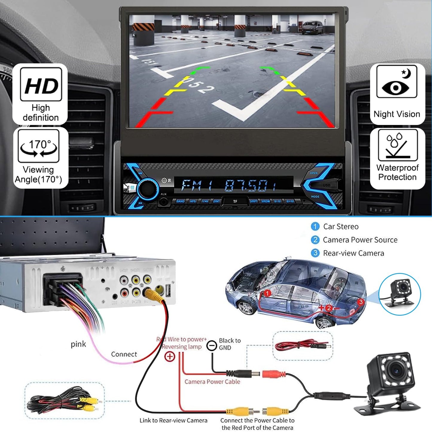 Naifay Single Din Car Stereo Compatible with Apple Carplay & Android Auto, 7inch Flip Out Touchscreen Car Radio with Bluetooth Foldable Car Audio Receivers, Mirror Link/Camera/FM/USB/AUX/TF/Subwoofer