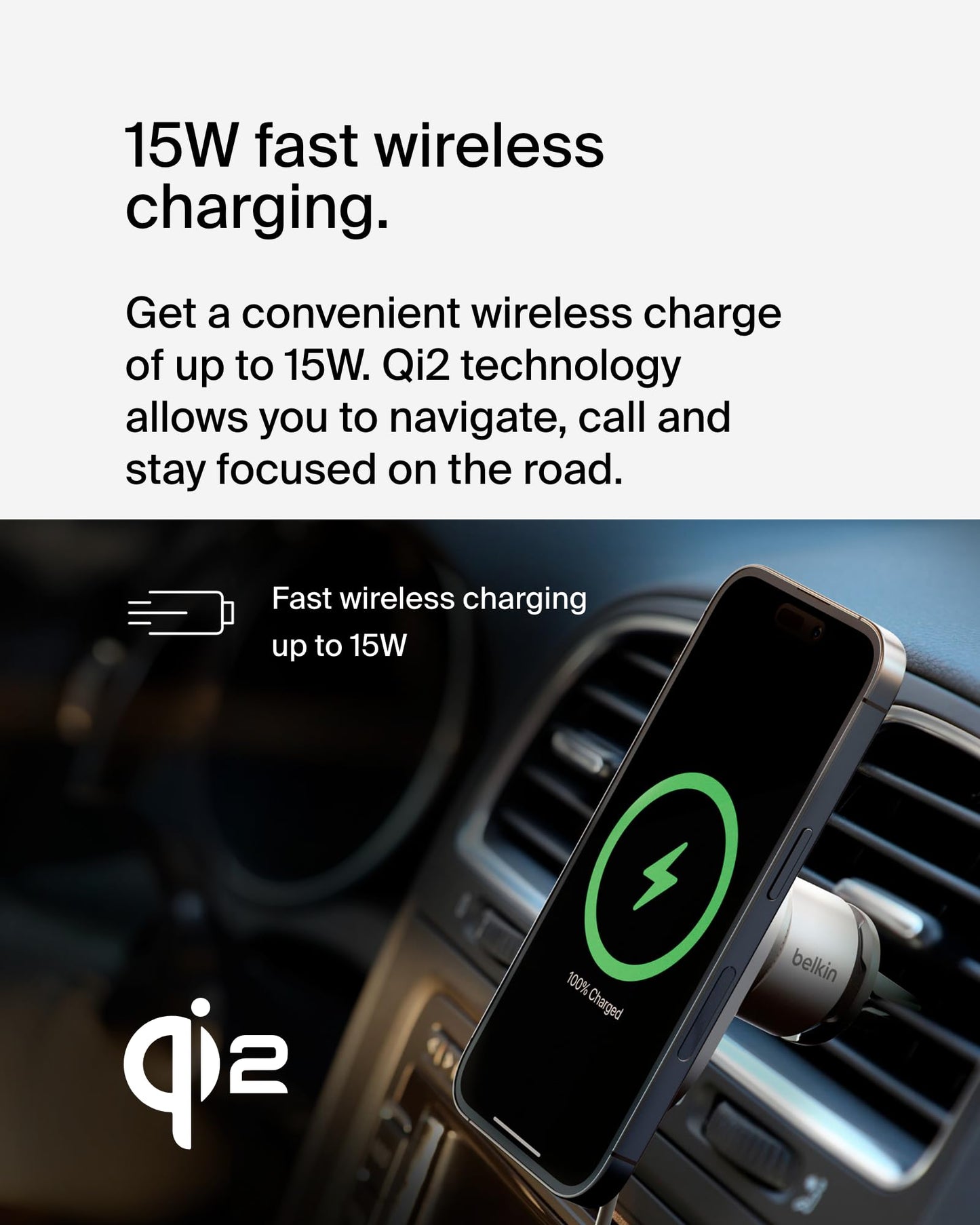 Belkin Wireless Car Charger 15W - MagSafe-Compatible Magnetic iPhone Charger - Qi2-Certified Wireless Charger, Magnetic Car Vent Phone Mount for iPhone 16, iPhone 15, iPhone 14, 13, & 12 Series - Grey