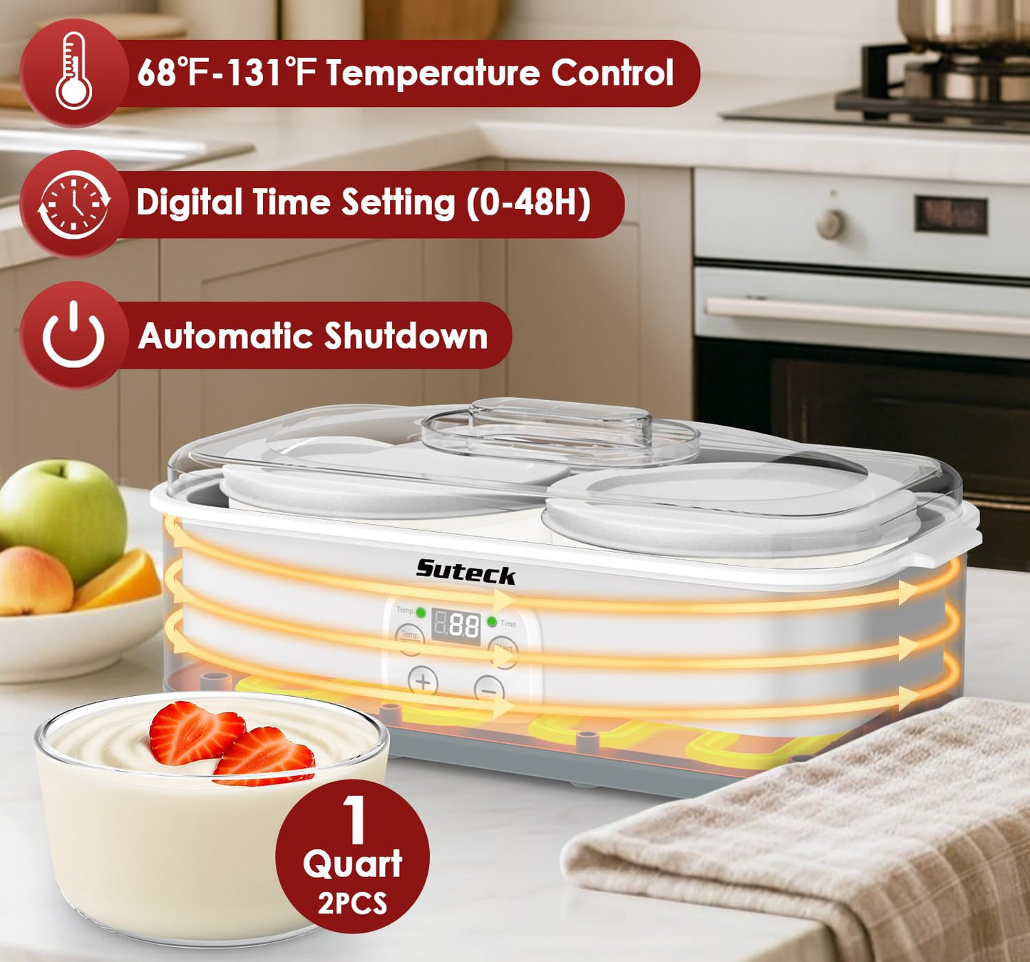Suteck Yogurt Maker with Glass Jar- Stainless Steel Yogurt Machine with Adjustable Time & Temp Control, Homemade Greek, Probiotic Yogurt, BPA-Free 2 Yogurt Bowls (2 Quart)