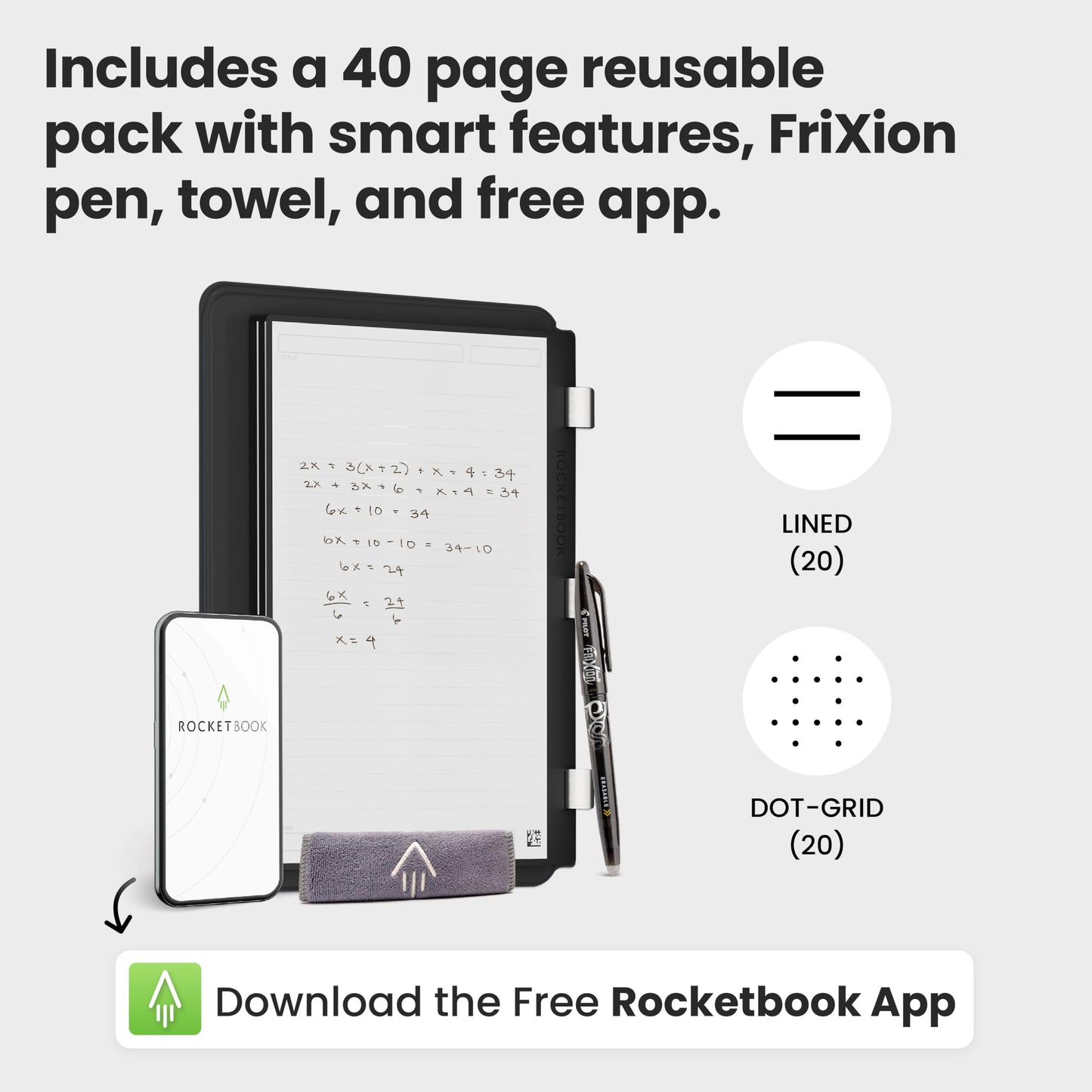 Rocketbook Pro 2.0 Reusable Professional Smart Notebook, Executive Size 7x9, Black - Lined & Dot Grid Pages, App-Connected, Erasable, Premium Cover, Ideal for Work Notes and Business Meetings