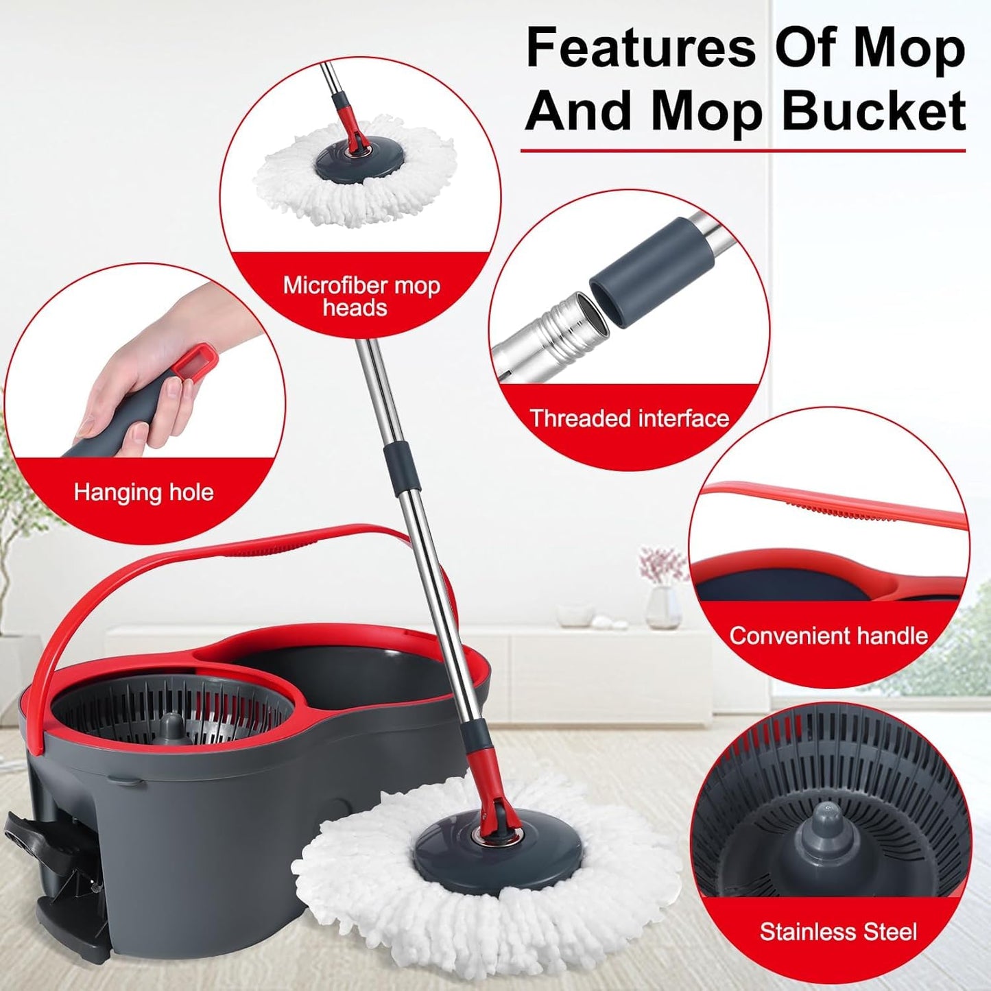 MENSHINE 360° Spin Mop and Bucket Set Cleaning System,Mop and Bucket with Wringer Set for Home,Wet Dust Mop for Floor Cleaning with 4 Mop Heads