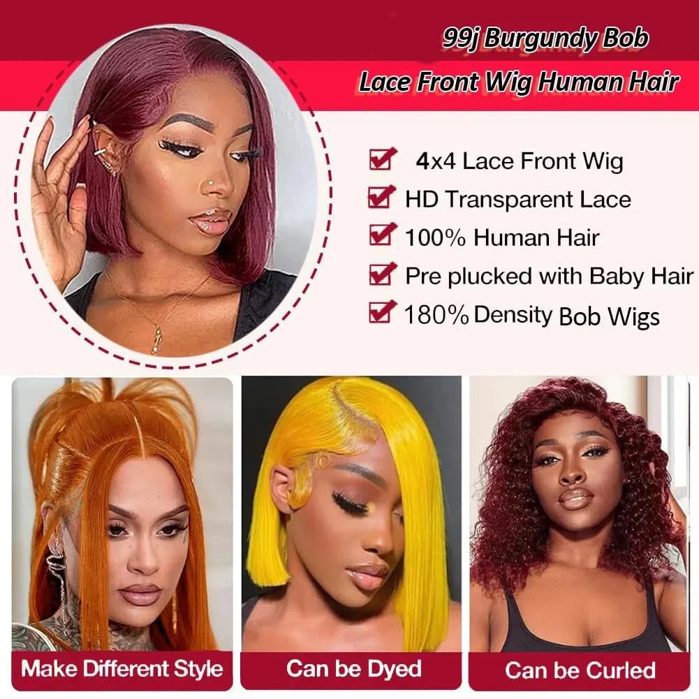 99j Burgundy 4x4 Straight Bob Wig Human Hair Hd Lace Closure Wigs Human Hair Gluless 100% Remy Human Hair for Women Transparent Lace Wig 16 Inch