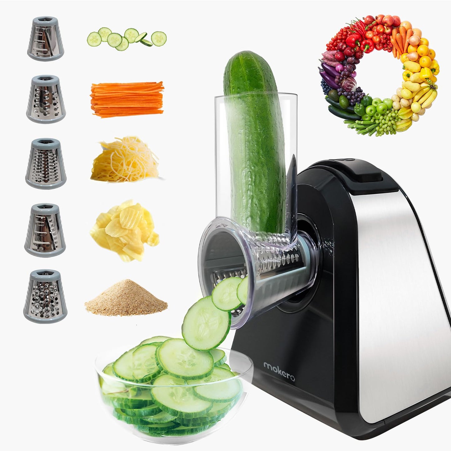 Mokero 5 in 1 Electric Cheese Grater for Block Cheese, Kitchen Automatic Cheese Shredder & Salad Shooter, Easy to Clean Vegetable Chopper for Cheese,Cucumber, Potato, Carrots, Nut