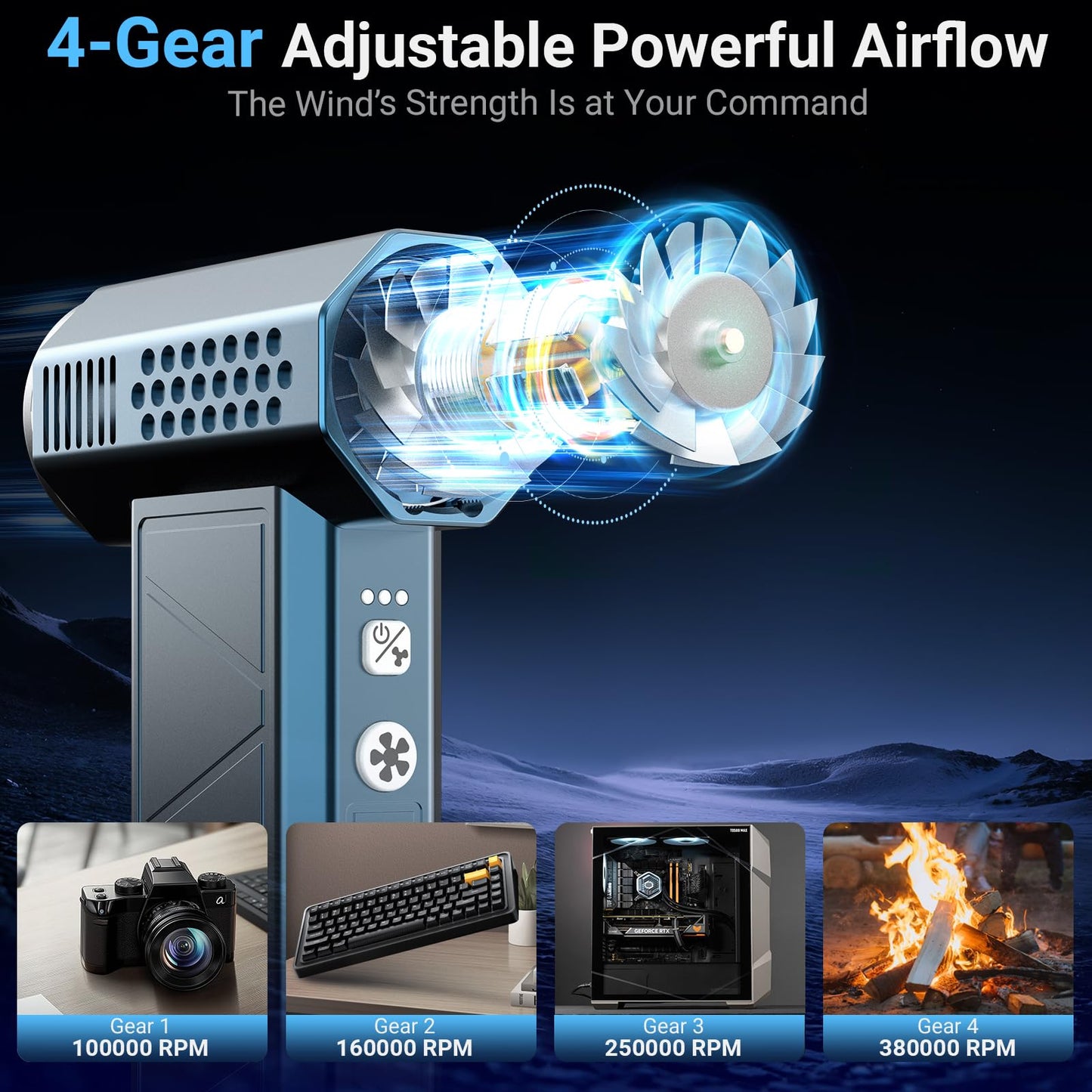 Hingso Compressed Air Duster, 380000RPM Powerful Electric Air Duster with LED Light, 4-Gear Rechargeable Mini Blower with Brushless Motor, Jet Dry Blower for Computer, Keyboard, Home, Car, Outdoor