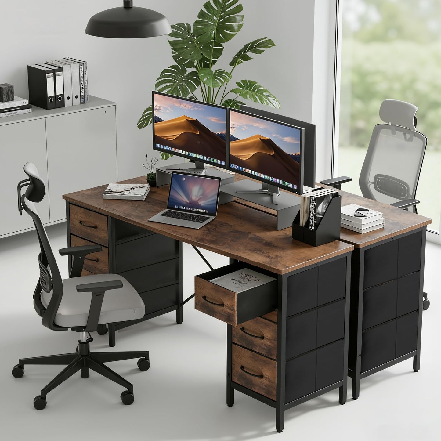 Sweetcrispy Desk with 8 Fabric Storage Drawers, Computer Office 47 Inch Gaming Writing Study Table with X-Shaped Reinforced Structure for Home Office Bedroom PC Desk, Brown