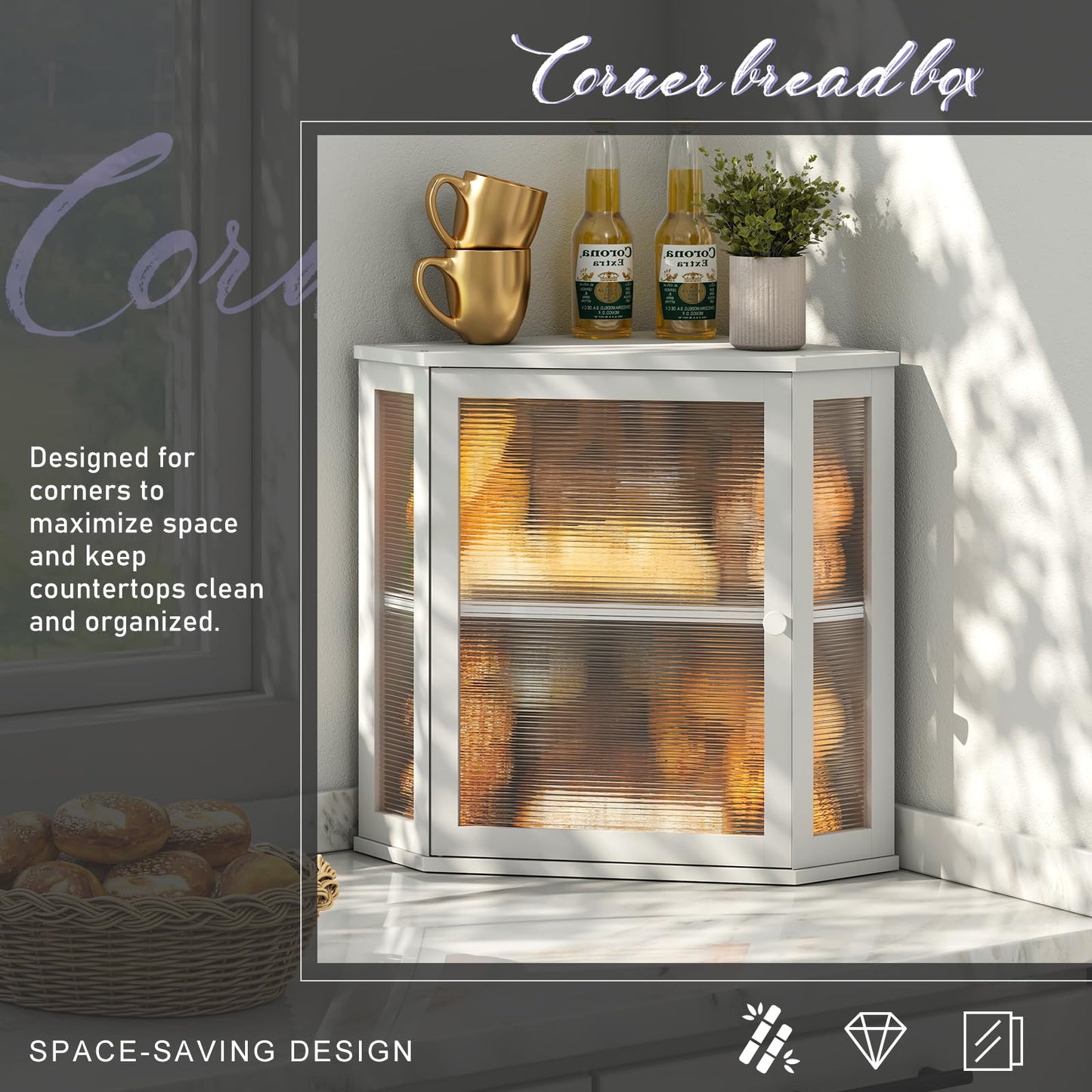 Wieghda Corner Bread Box for Kitchen Countertop, Farmhouse Style with Acrylic Wavy Door Panel White Counter Bread boxes, Extra Large Food Storage Container