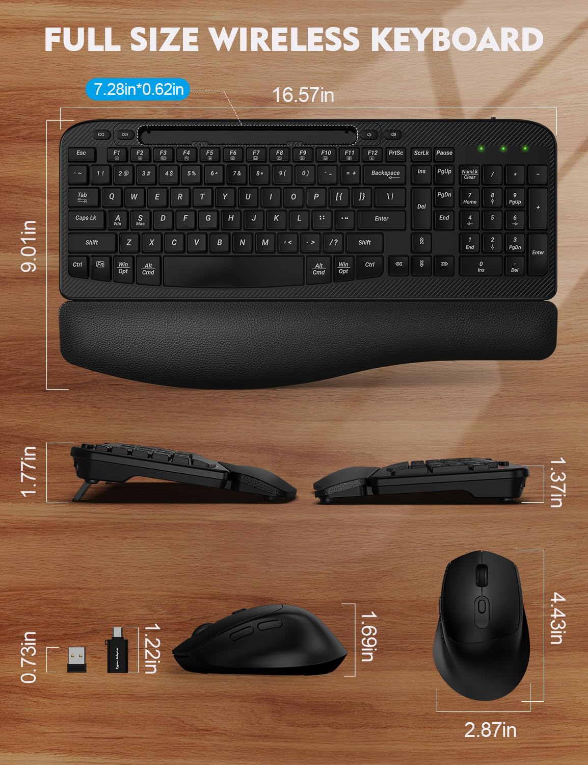 Wireless Keyboard and Mouse Combo, EAYBLLY Wave Keys Wireless Ergonomic Keyboard with Cushioned Wrist Rest, Phone Holder, 2.4GHz Silent Cordless Keyboard Mouse Set for Computer, Laptop, PC, Windows