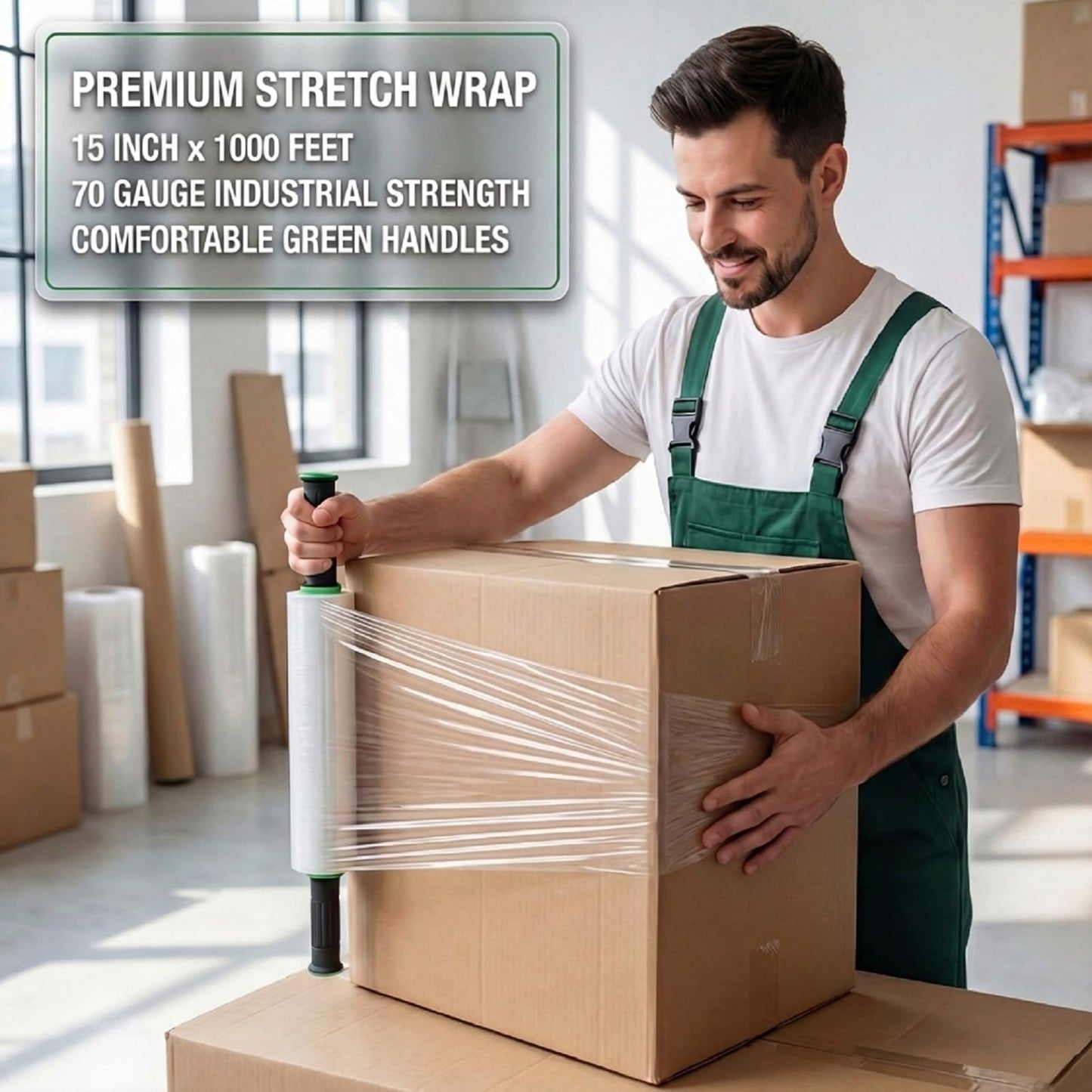 Stretch Film Wrap for Moving, 3 Pack 15 Inch x 1000ft 70 Gauge, Plastic Wrap for Moving with Handle, Packing, Shipping, Pallet & Furniture Protection