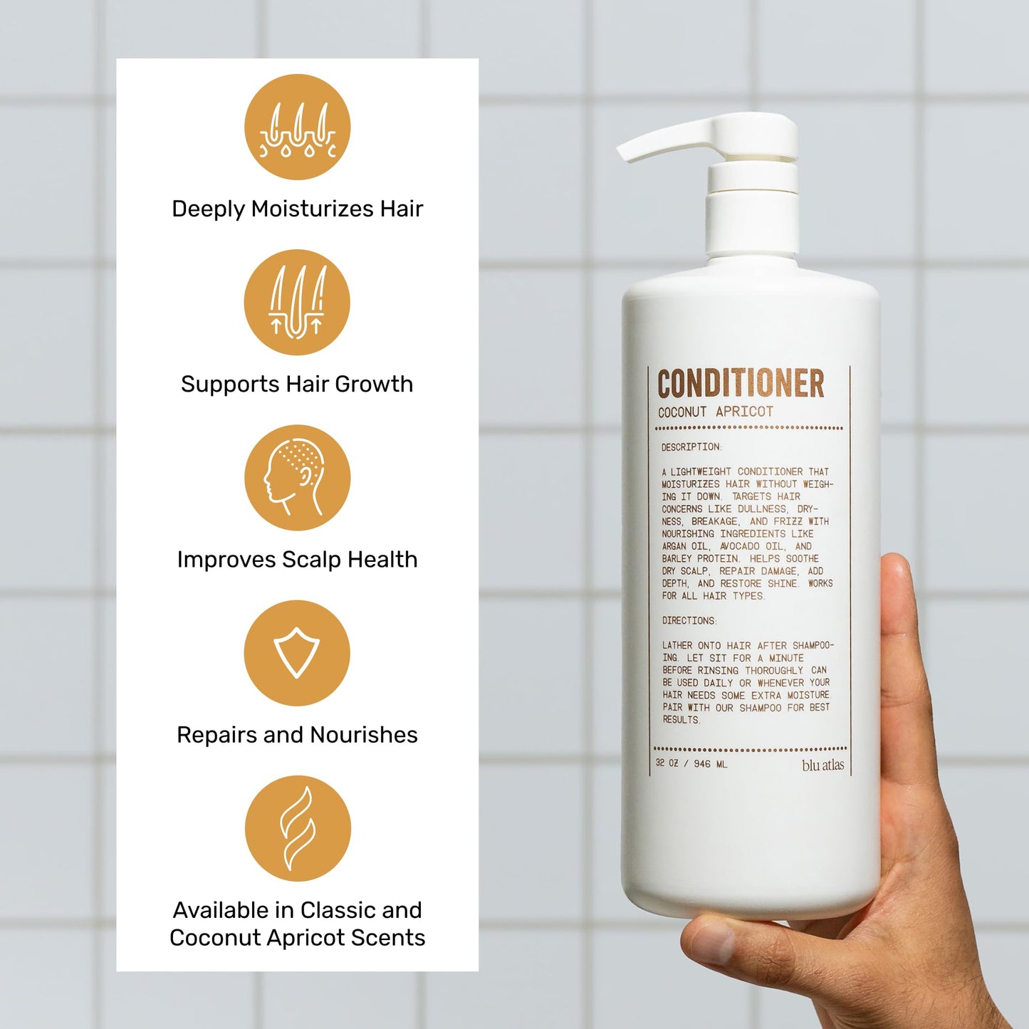 Blu Atlas Men's Natural Conditioner - For All Hair Types - Deep Moisturizing and Scalp Soothing Vegan Sulfate and Paraben-Free- Coconut Apricot 32 oz.