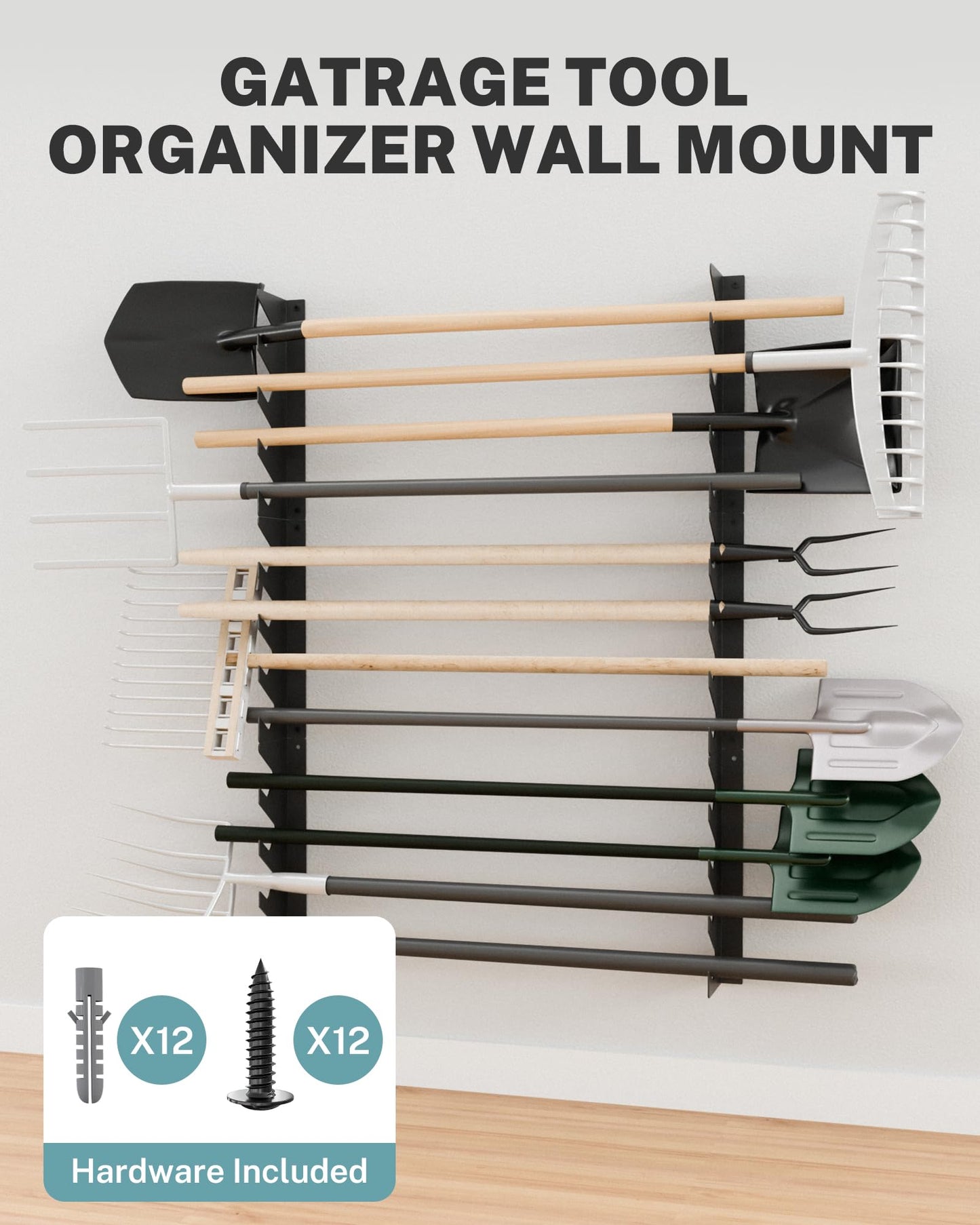 JivaJot Garage Tool Organizer Wall Mount, Shed Yard Tool Organizer for Garage, Horizontal Organization Tool Racks for Walls, Shovels and Rakes, 3FT